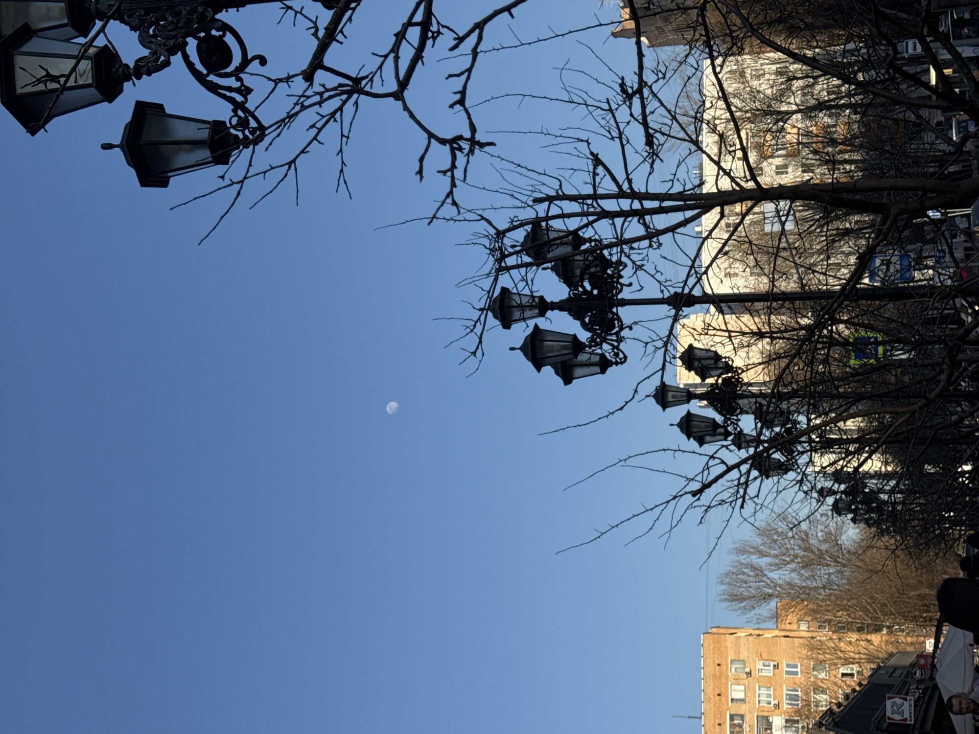 A low-angle shot shows a street scene in Moscow, Russia. The image is oriented so the sky appears along the left edge and part of the top. The sky is a clear blue with a small, crescent-shaped moon visible in the upper-center. Several ornate street lamps with multiple fixtures are silhouetted against the sky, clustered on the left and right sides of the frame. Bare tree branches further obscure the view in these areas.
In the right-center and along the bottom, buildings are visible, including a large white building and a red brick building. Dark shapes of vehicles are seen along the street. People are partially visible in the lower-right corner.