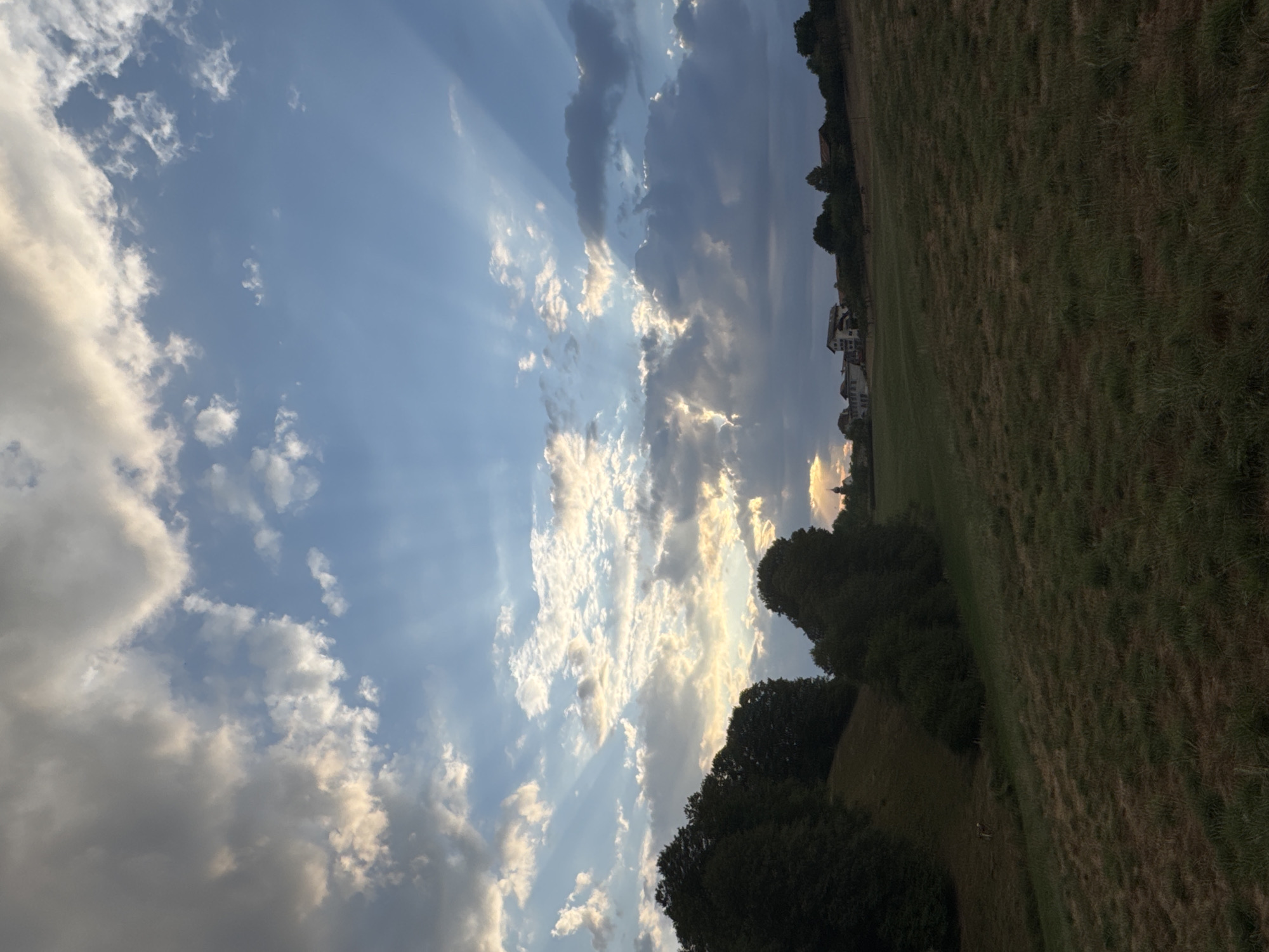A wide shot captures a pastoral landscape in Petit-Val, Switzerland. The scene is dominated by a dramatic sky filled with a mix of dark, heavy clouds and bright, sunlit patches. Rays of sunlight pierce through the clouds, casting striking beams across the sky. Below the sky, a gently sloping, grassy field occupies the foreground. The field is mostly green, with patches of drier, straw-colored grass. A line of dark green trees forms a dense barrier along the top of a hill to the left of the frame. Further in the distance, across the field, a small village is nestled. Several white and light-colored buildings, some with red roofs, are visible amongst the trees. A tall, slender spire, possibly belonging to a church, rises above the village. The overall impression is one of a serene, rural setting during a dynamic weather event.