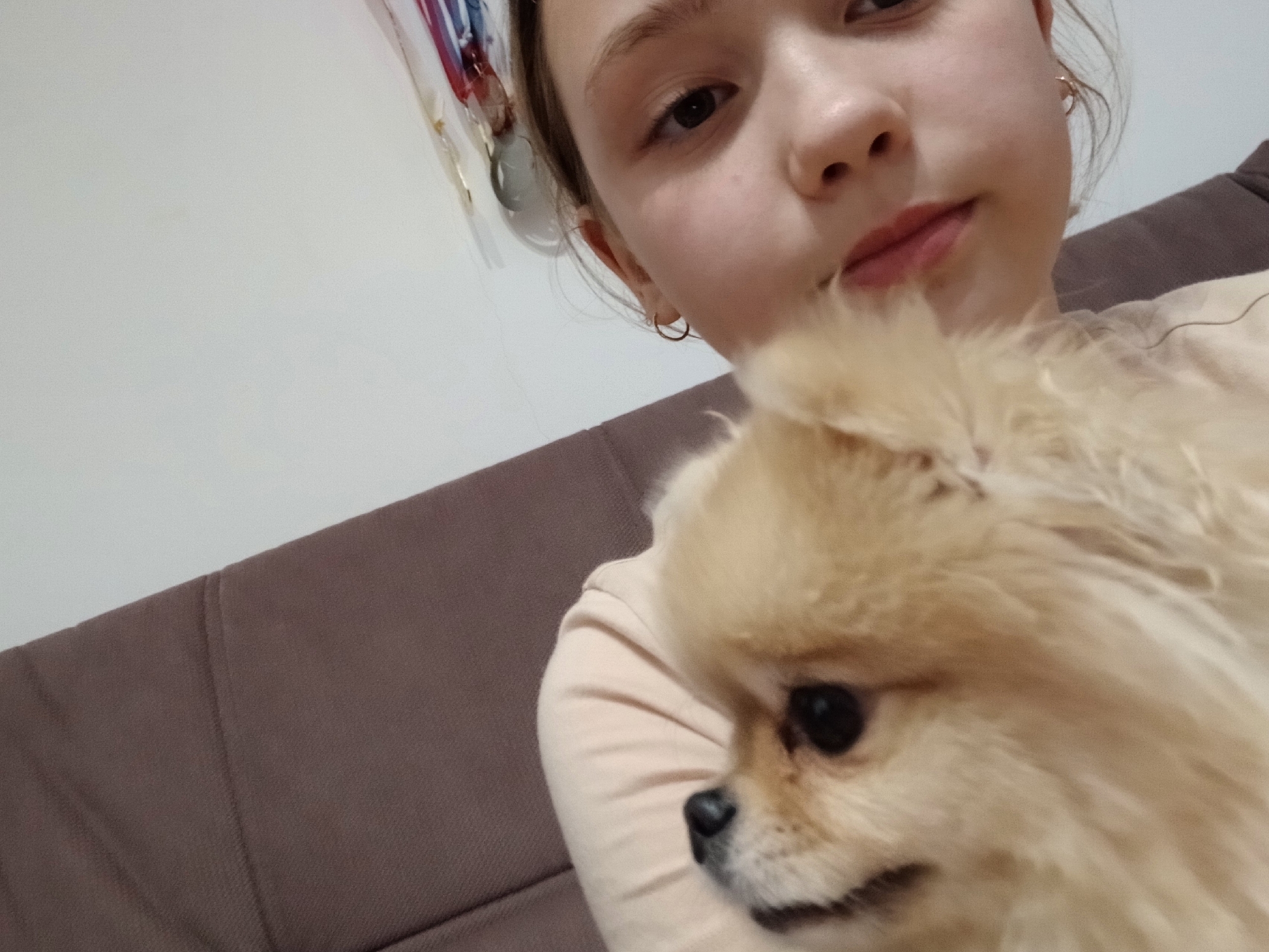 A young girl is holding a small, light-colored Pomeranian dog. The girl is fair-skinned with brown eyes, wearing small hoop earrings. She is wearing a light peach-colored shirt. The dog has fluffy, tan fur and a black nose. They are sitting on a brown couch. The background is a white wall with a decorative item hanging on it. The location is potentially in Krasnodar, Russia, but not evident from the image alone.