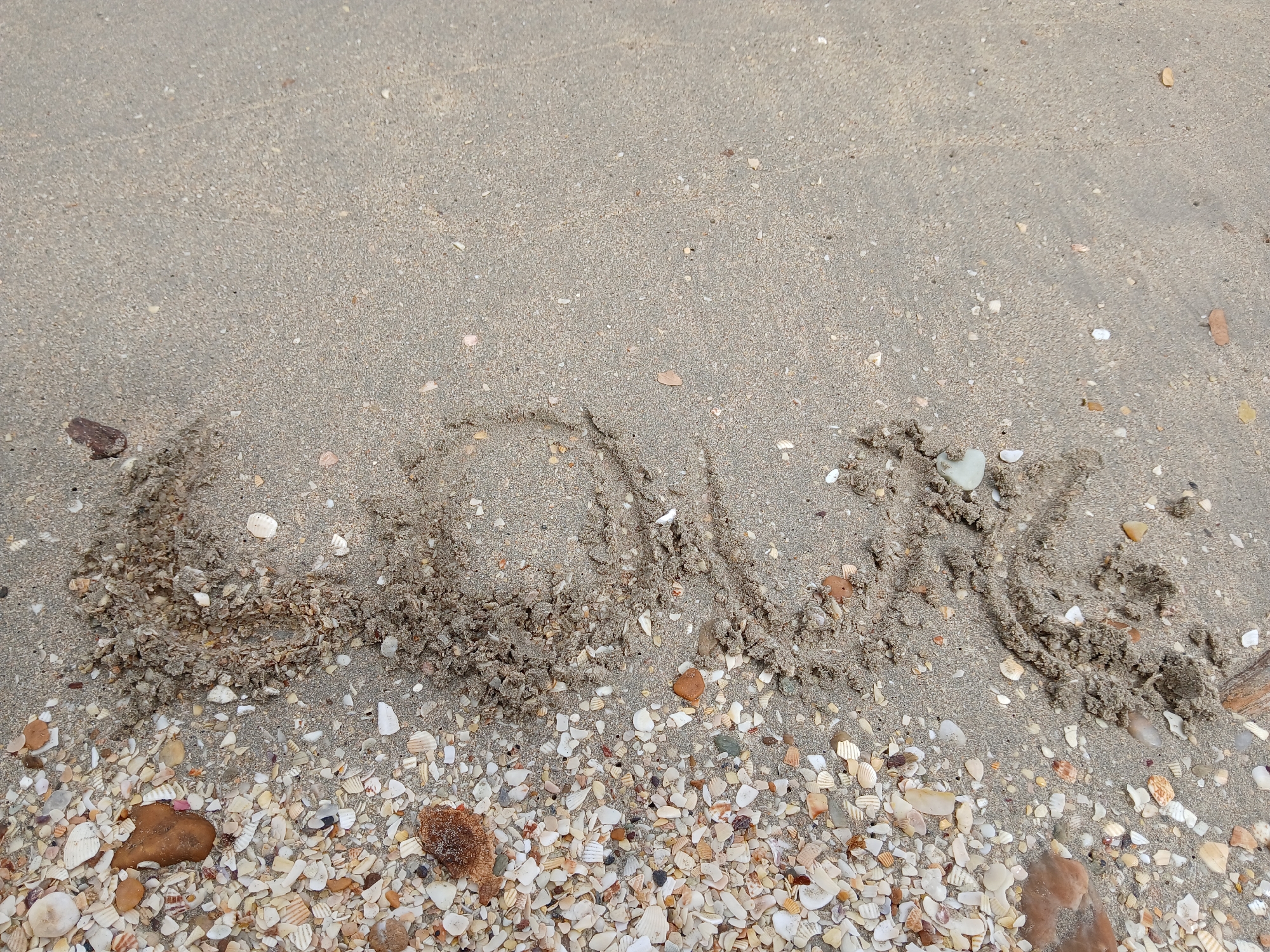 The image depicts a sandy beach area, potentially in the vicinity of Juan Griego, Venezuela. The sand is mixed with numerous small shells and shell fragments. The word "GOA" is written in the sand, likely by dragging a finger or stick. The sand is relatively damp and compact in some areas and loose in others. There are no visible people. The scene focuses on the sand, shells, and the inscription.