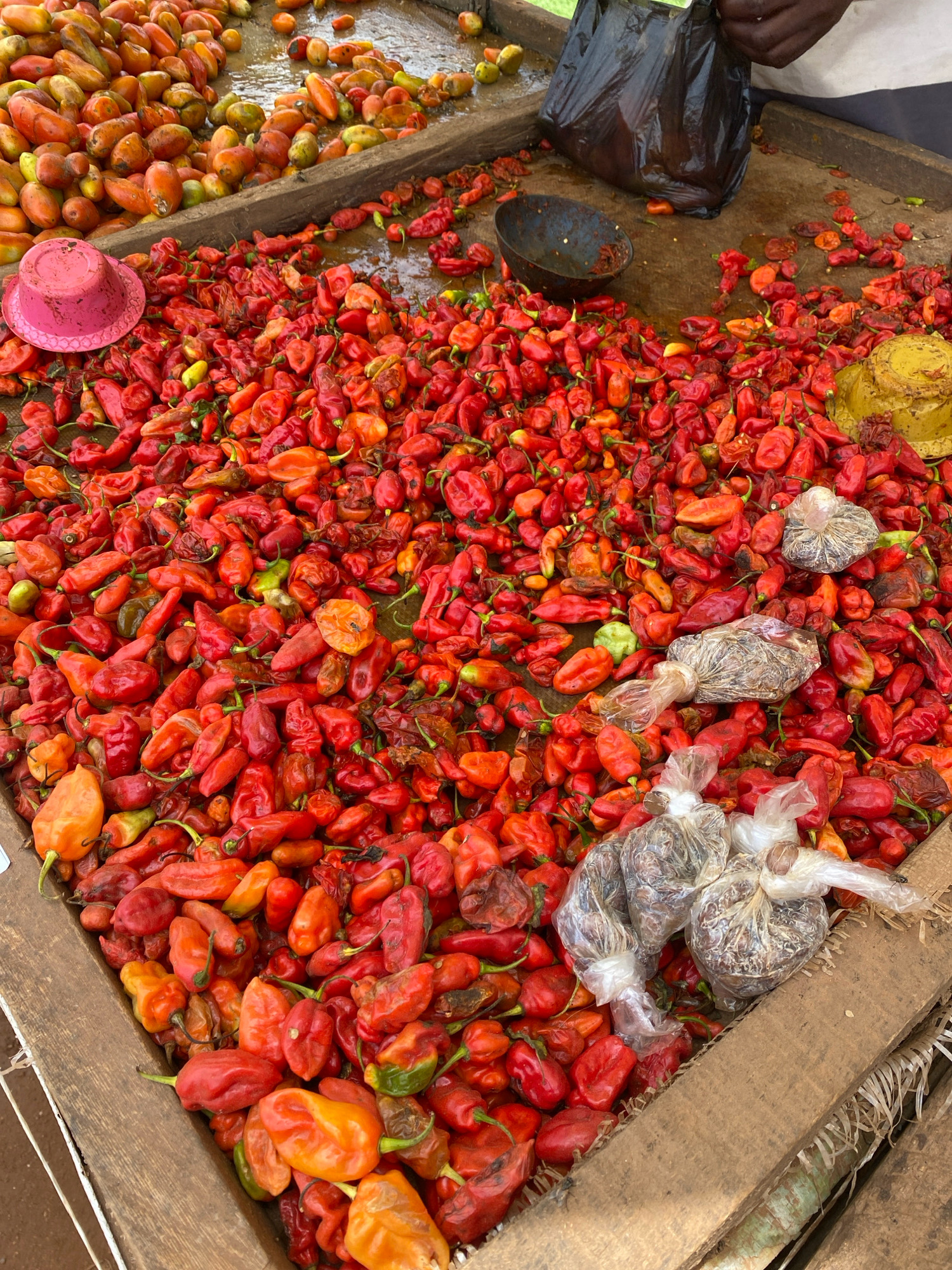 At an outdoor market stall in Iworoko, Nigeria, a large quantity of red and orange peppers are piled on a wooden surface. Some peppers are whole and appear fresh, while others are shriveled or damaged. Several plastic bags containing dried items, possibly spices or seeds, are placed amongst the peppers. A pink plastic hat rests on the left side of the pile. In the background, a black plastic bag is held by a person whose hands and forearms are visible, suggesting they are interacting with the market stall. A dark metal bowl is also visible on the wooden surface, near the black bag. The overall scene depicts a bustling marketplace with a focus on fresh produce.