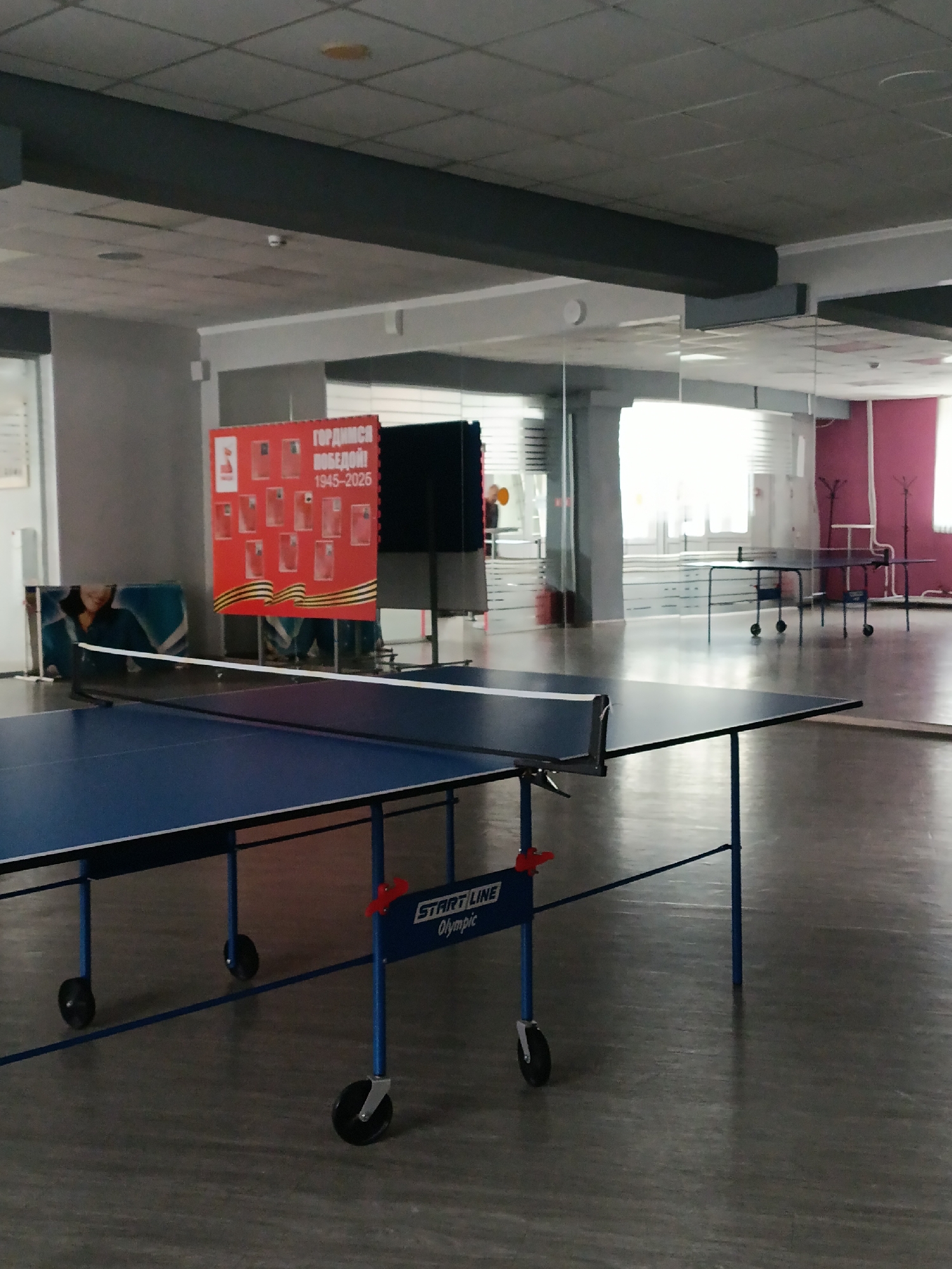 The image shows a ping pong table in a gymnasium or recreation center in Krasnoyarsk, Russia. The table, branded "Start Line Olympic," is blue with a black net and stands on blue legs with wheels. The floor is a grey, faux-wood style material. In the background, there is a mirror spanning the length of the room. Reflected in the mirror are windows and another ping pong table. There is also a poster with the inscription: "Гордимся Победой! 1945-2026" (We are proud of the Victory! 1945-2026). A person appears to be sitting near the poster.