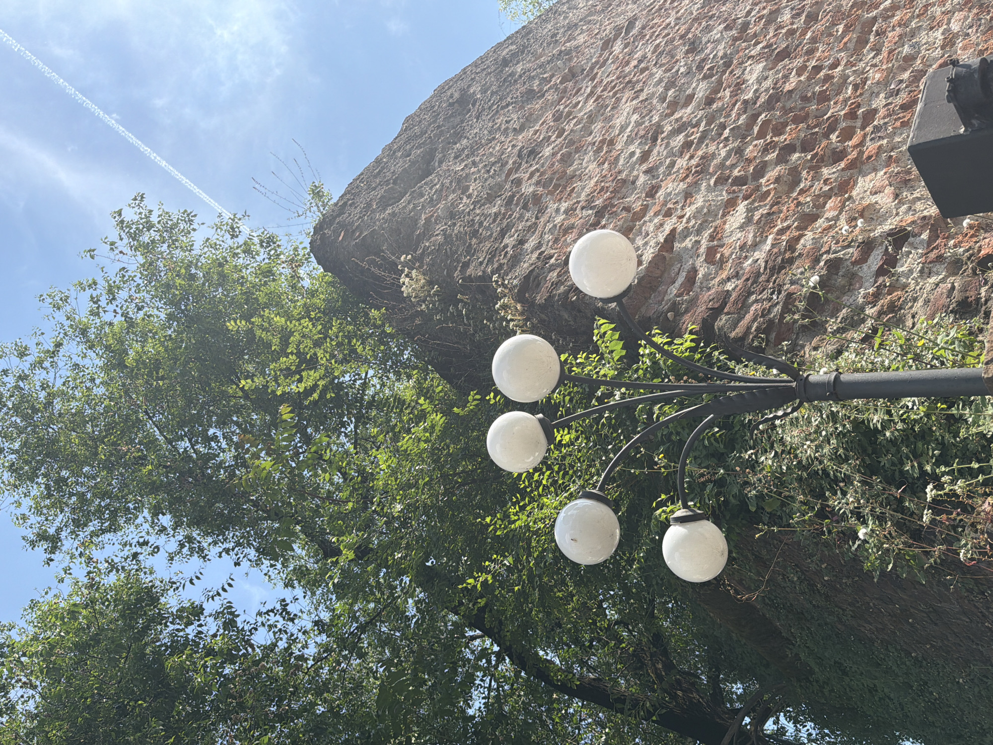 The image, taken at a low angle, showcases a section of a brick wall, a light post with five spherical lamps, and green foliage under a blue sky. A contrail is visible in the upper left sky. The brick wall is aged and partially covered with plants. The light post is dark, with black support rods holding the lamps. The foliage is dense and green, suggesting trees or bushes. The overall composition suggests an urban environment with natural elements. The location is the Sforza Castle in Milan, Italy. The wall is part of the castle structure, and the light post is a feature of the surrounding park.