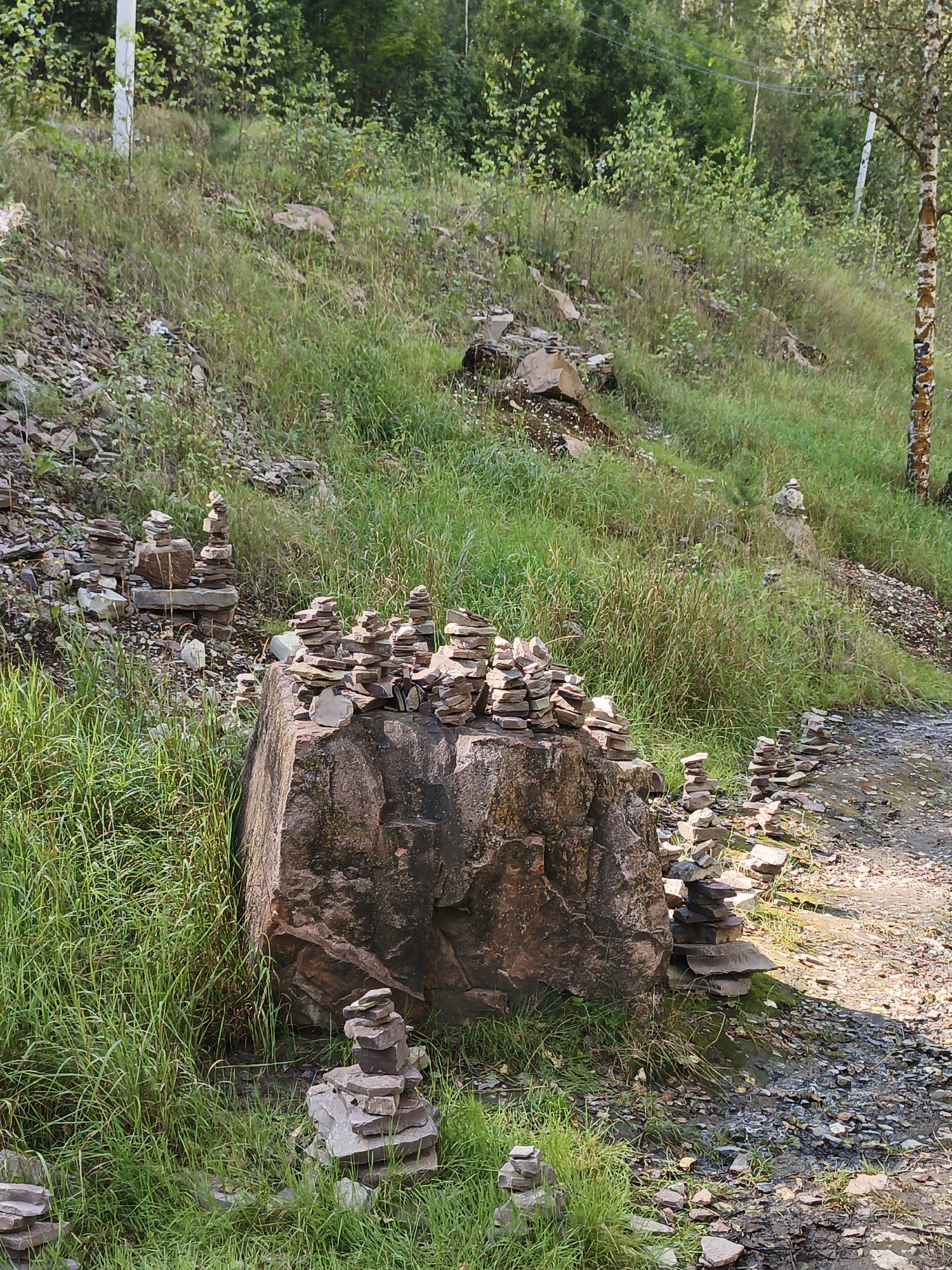 The image depicts an outdoor scene with several cairns, or stacked stones, arranged on a grassy slope. The cairns vary in size and height, with some being quite elaborate. The environment appears to be natural, with vegetation including grass, bushes, and trees. A large rock formation is prominent in the foreground. The location is identified as the city of Porogi, Russia. There are no people visible in the image. The overall impression is one of a place where natural elements have been used for artistic or memorial purposes.