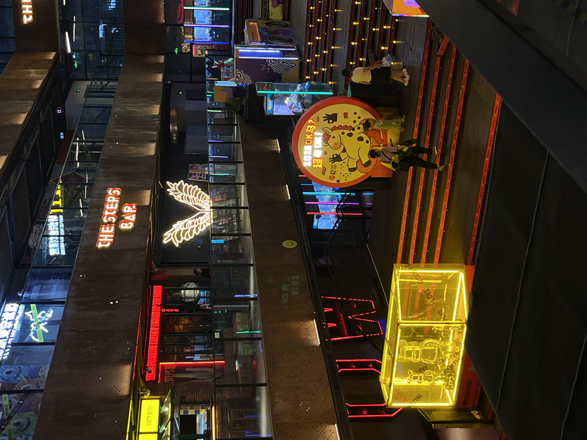 Here's a forensic description of the scene:
The image shows an indoor urban scene, likely a multi-level entertainment or shopping complex in the city of Liangjiang, China. The primary focus is on the illuminated commercial signage and architectural elements.
On the left side of the frame is a building with large illuminated signs indicating commercial establishments. Prominent signs include "THE STEPS BAR," a stylized wing graphic with neon lights, and other vertical text signs in red and yellow neon. The building has multi-level windows reflecting the city lights.
To the right, a multi-level space is visible. People appear to be interacting near a large, circular sign featuring cartoon illustrations and Chinese characters. A person in light-colored clothing is standing near the edge of the space. Below, there are a few figures near the sign. Further right, a large, cubic yellow illuminated structure displaying the words "LOVE" and "ESCAPE POND" is visible.
The architecture indicates a modern, urban design. The lighting is a mix of bright neon and diffused ambient light. The background shows city lights visible through the glass facades of the buildings, indicating an urban setting.