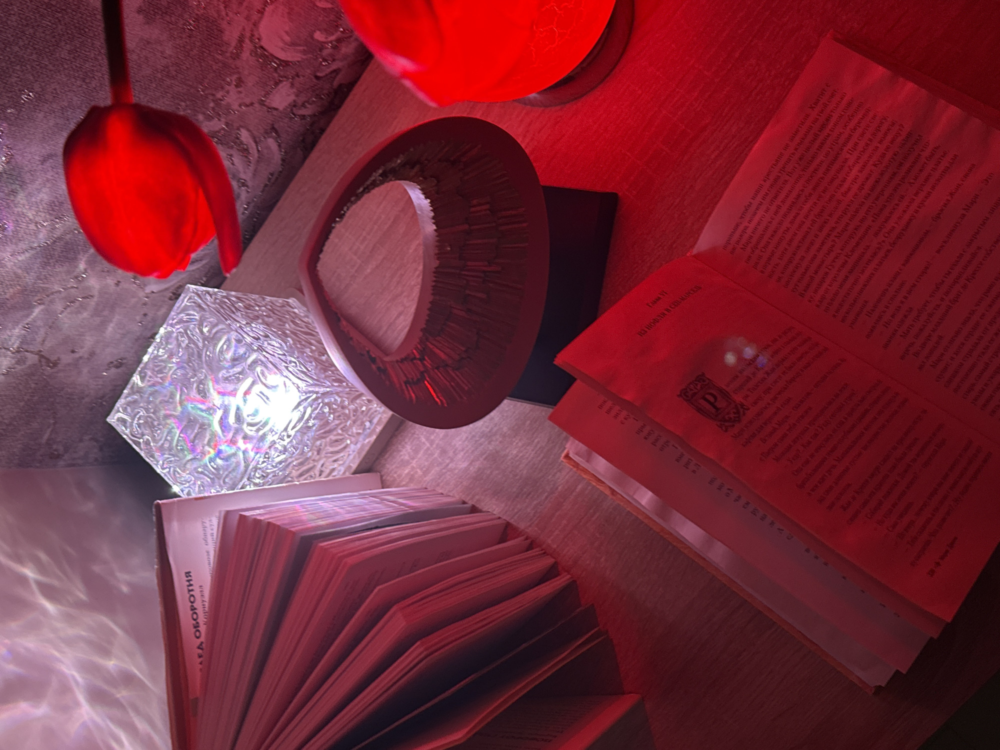 The image displays an intimate, top-down view of several objects arranged on a wooden surface, likely a nightstand or table, illuminated by colorful lights. No people are visible.
The scene suggests a cozy reading environment, possibly at night. On the upper left, a vibrant red artificial tulip adds a splash of color against a textured, silvery background that appears to be wallpaper. Dominating the upper right is a red lamp with a textured shade, casting a strong, warm red glow across much of the scene, including an open book. In the middle-left, a clear, cube-shaped lamp with a textured surface emits a bright, multifaceted light, creating iridescent reflections and patterns on the surrounding surfaces and objects.
Between the red lamp and the clear cube lamp, a dark, ring-like decorative object with a textured, spiky interior rests on the wooden surface. Two open books are prominent: one on the right, fully bathed in red light, and another fanned open on the bottom left, next to the clear lamp, with its pages also showing red hues. The wooden surface beneath the objects has a visible grain.
Visible text from the book on the right includes Cyrillic script, specifically "Глава VI" (Chapter VI) and "ИЗ НОФЛЯ И СЕНТ-МАРСЕЛЬ" (From Noffle and Saint-Marcel). Snippets of the text reveal narrative content, mentioning "Мари" (Mari), "королевы Клеменция" (Queen Klementia), "монастырь" (monastery), and "пятимесячная беременность" (five-month pregnancy), suggesting it is a novel, possibly historical fiction or romance. The book on the bottom left has "ОБОРОТНЯ" (Werewolf) and "Корнуэля" (Cornwell's) visible on its side/spine, hinting at a title like "The Saga of the Werewolf by Cornwell". The dramatic and colorful lighting sets a warm, ambient, and somewhat mysterious mood.