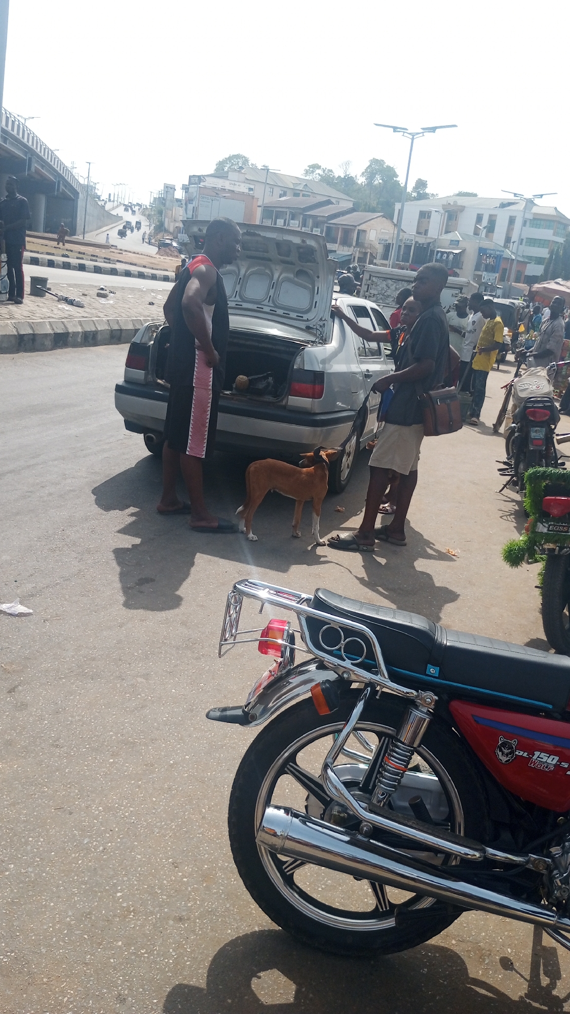 The image captures a bustling street scene in Lokoja, Nigeria, under bright midday or early afternoon sun, evidenced by the strong shadows cast on the asphalt.
In the foreground, a partial view of a red motorcycle is visible on the right, featuring chrome accents, a prominent exhaust pipe, and the text "DL-150-S WOLF" with a wolf logo on its side.
The central focus is a silver sedan, likely a Volkswagen Jetta A3, parked at the side of the road with its trunk open. Two men stand near the car. One man, on the left, wears a black tank top and black shorts with pink and white striped panels, and sandals. He faces the car, looking into the open trunk. The second man, to the right of the car, wears a dark short-sleeved shirt, light-colored shorts, and sandals, carrying a brown messenger bag. He is holding a brown dog on a leash; the dog stands near his feet, looking towards the first man and the car. The men appear to be engaged in a conversation or an interaction involving the car or its contents.
Behind the central figures and the car, more people are visible, along with several motorcycles parked along the roadside. The background features various buildings, some appearing residential and others commercial, lining a street that slopes upwards. An elevated concrete bridge or flyover spans the left side of the scene, with a few individuals visible walking beneath it. Streetlights are scattered throughout the background. Text "TECH..." and "CH... AD" are faintly visible on distant signs, and "BOSS" is seen on a motorcycle license plate. The overall scene depicts a typical vibrant urban environment with vehicular and pedestrian traffic.