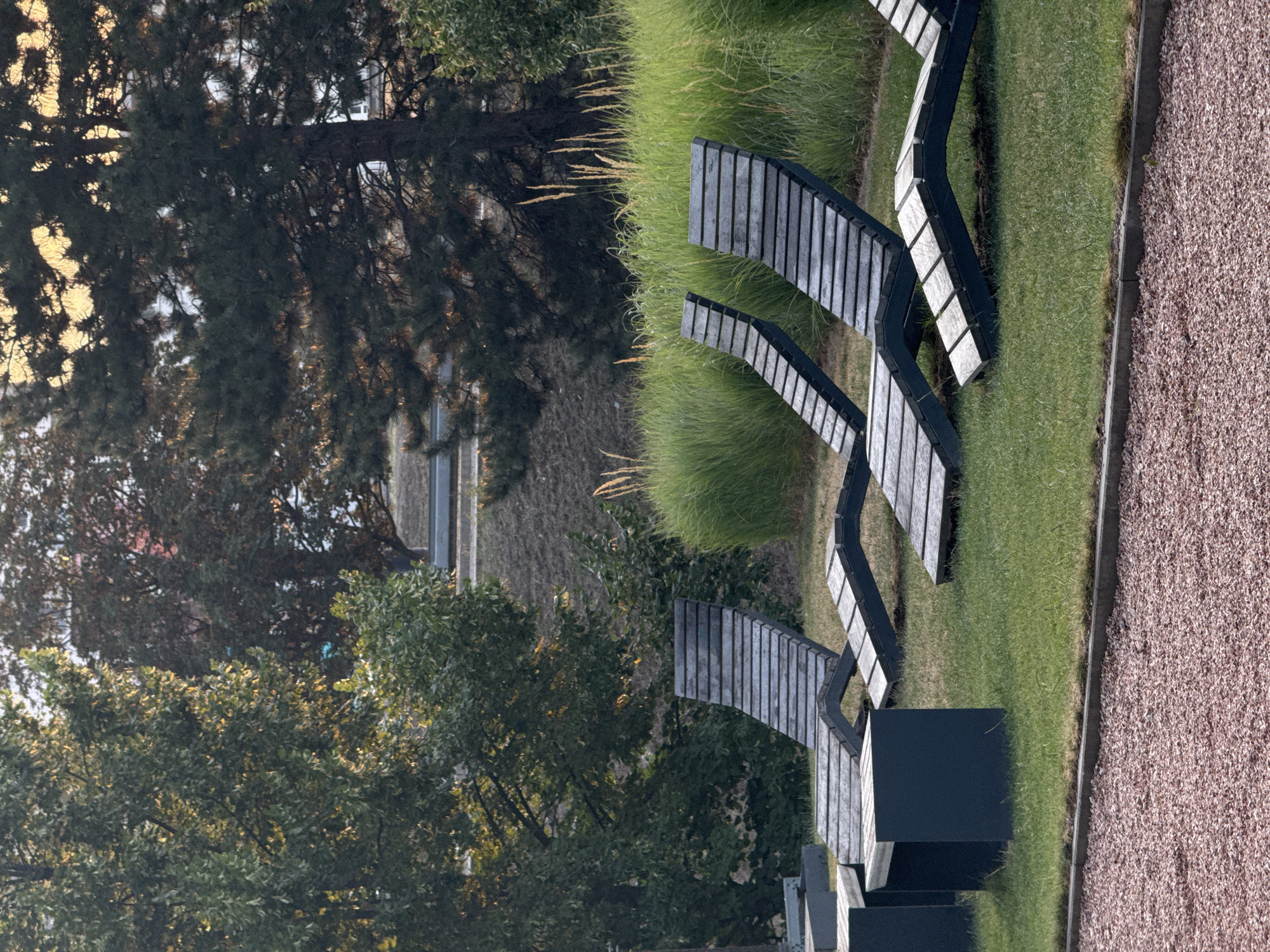 The image shows a series of modern, dark-framed benches with light-colored wooden slats, arranged in a curved formation along a grassy area. The benches are empty, and there are no people visible. The setting appears to be an outdoor public space, possibly a park or a garden, with lush green grass and tall, wispy ornamental grasses bordering the seating area.
To the left of the benches, there is dense foliage from trees, with darker pine-like branches and lighter green leafy branches. The lighting suggests it could be daytime, with sunlight filtering through the trees and creating highlights on the leaves. In the background, there's a hint of a paved surface and a slope covered in dry grass or earth.
On the right side of the image, the benches are adjacent to a path or border covered in small, reddish-brown gravel. The overall scene conveys a sense of tranquility and modern design. The time of day appears to be either morning or late afternoon, given the quality of the light. There are no visible text elements in the image. The location context is Bratislava, Slovakia.