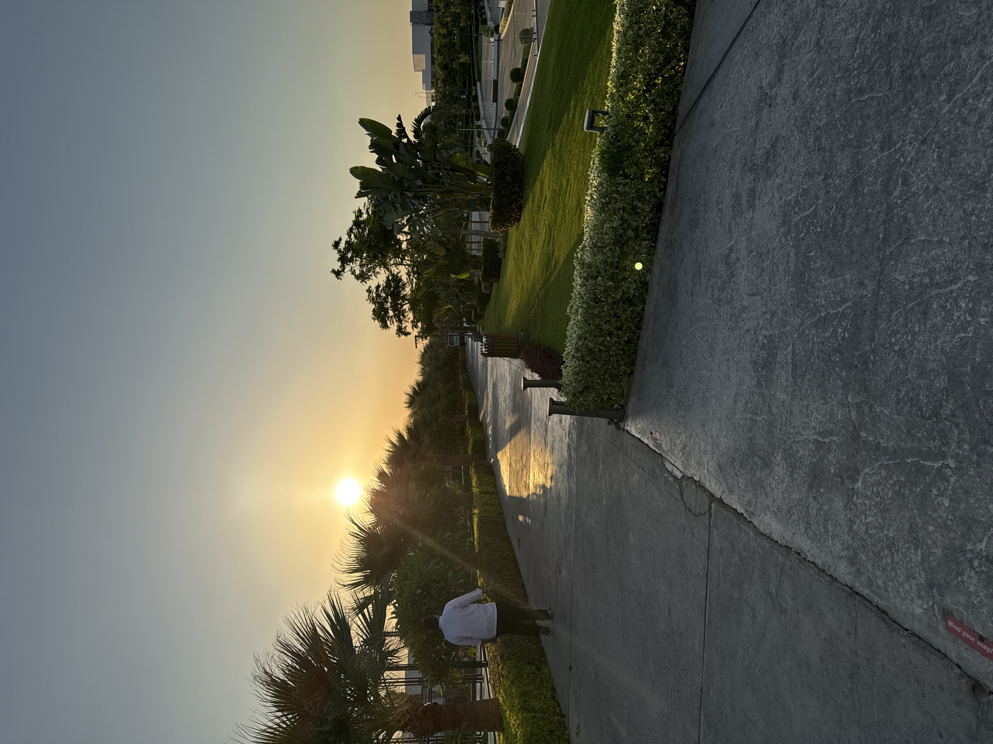 A lone man walks down a paved pathway in Sharm El Sheikh, Egypt, as the sun sets. The man, wearing a white shirt and dark pants, is walking away from the camera. The pathway is lined with lush green hedges and palm trees, with a well-maintained lawn to the right. The setting sun casts a warm glow on the scene, with long shadows stretching across the path. In the background, modern buildings can be seen, suggesting an urban environment. The sky is a clear gradient of soft orange and blue. The image captures a peaceful moment during the golden hour in a landscaped area of the city.