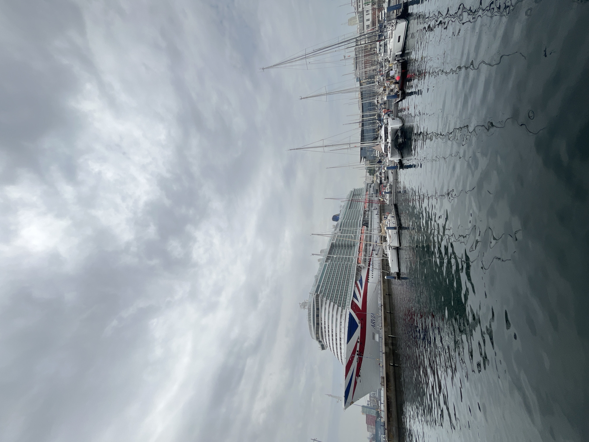 This media file captures a view of a harbor filled with various boats and a large cruise ship. The main subject is the cruise ship, prominently featuring the Union Jack flag design on its bow and the name "ARVIA" written along its side. Alongside the cruise ship, numerous smaller sailboats and yachts are docked. The scene is set in a harbor with a waterfront and buildings visible in the background. The water in the harbor is dark and rippled, reflecting the overcast sky. The sky is cloudy and appears to be a dull, gray color, suggesting a cloudy or possibly rainy day. The image is oriented vertically, with the sky occupying the left portion and the harbor and ships on the right. There is no visible activity or event taking place, and the scene appears to be static. The location is identified as A Coruña, Spain.