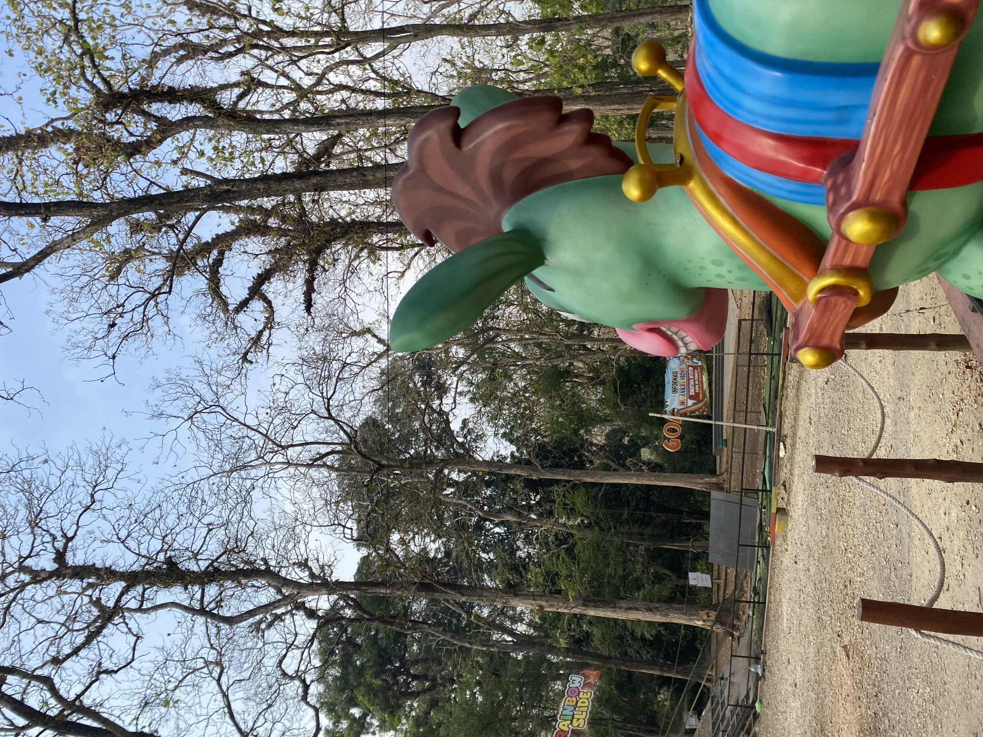 A close-up, eye-level, outdoor, medium shot shows the head and shoulders of a green, cartoon-like donkey statue with a brown mane and a colorful saddle. The donkey faces right, with its mouth open in a smile. The statue is in the foreground, with a blurred background of trees and a blue sky. In the mid-ground, there is a dirt path, a fence, and signs that say "RAINBOW SLIDE" and "GO". The overall scene appears to be in a park or amusement area.