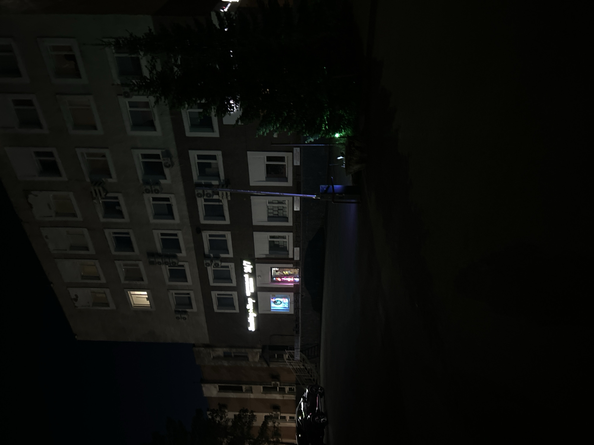 The image presents a nighttime scene of a multi-story building in an urban environment. The building, constructed from light-colored material, features numerous regularly spaced rectangular windows, each with white frames. Many windows are dark, but some on various floors emit soft internal light, indicating active rooms. Several external air conditioning units are visible, mounted below windows on multiple levels.
A large, dark tree with dense foliage partially obscures the upper-middle section of the building, providing a natural element against the architectural structure.
On the building's lower floors, two illuminated signs are prominent. The upper sign is a bright white rectangle displaying the Cyrillic text "МАГАЗИН 24/7", which translates to "Shop 24/7". Below this, a smaller sign glows with blue and purple light, featuring a stylized eye or an abstract logo, but no other decipherable text.
The right side of the image is a dark, undefined area, possibly a street, sidewalk, or paved ground, leading into the distance. The sky above is entirely dark, confirming the nighttime setting. No people or specific activities are visible, rendering the scene static and quiet. The image captures an anonymous urban streetscape after dark, highlighted by the artificial lights from the building's windows and commercial signs.