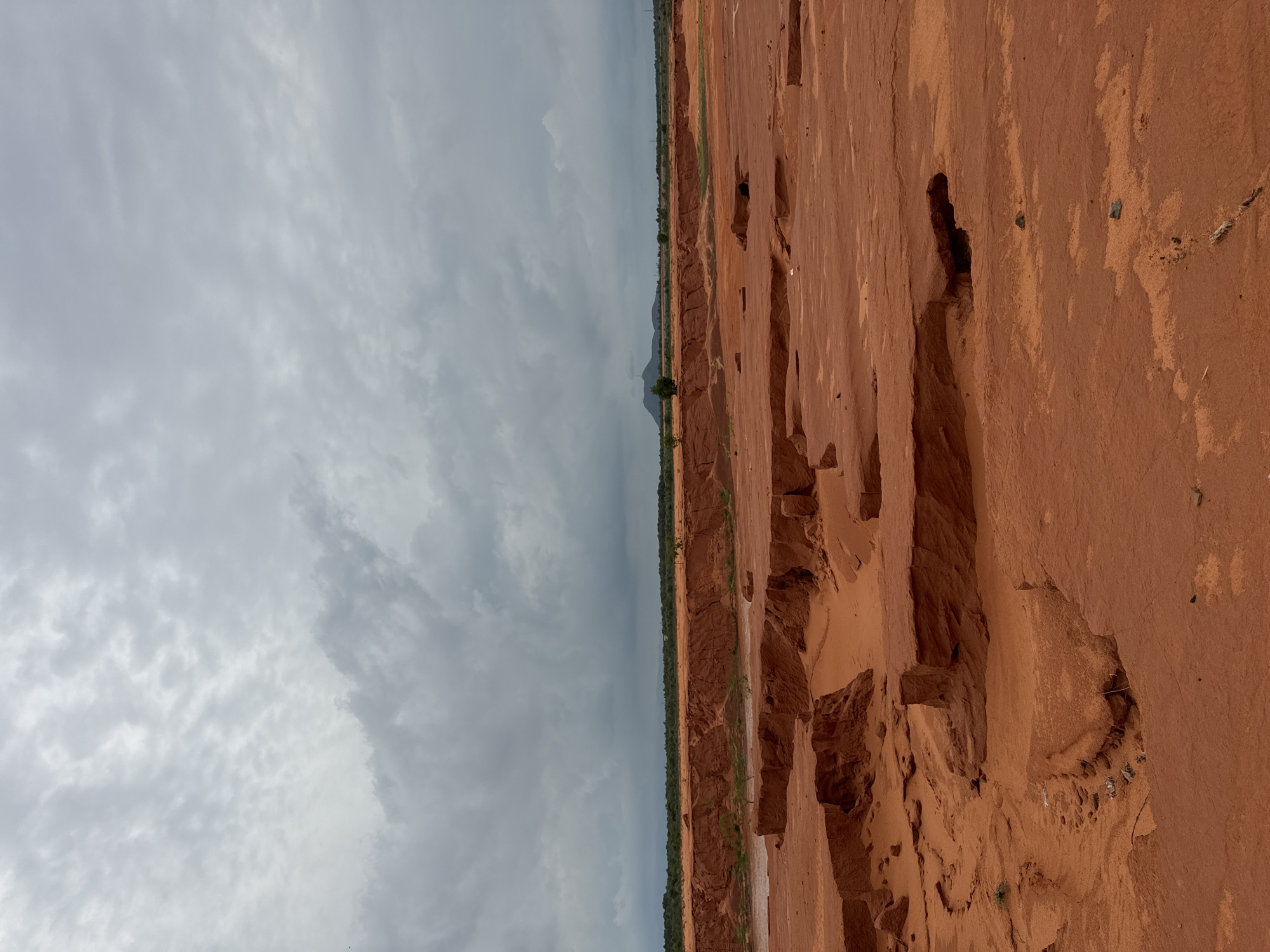 The image depicts a landscape of red sand dunes and erosion formations under a cloudy sky. In the foreground, the terrain consists of layered, reddish-orange sand with distinct erosion patterns, creating ledges and crevices. Further back, a shallow body of water, likely a river or stream, is visible. Beyond the immediate sandy area, a line of green vegetation, including trees and shrubs, marks the transition to a more distant, flat horizon with a few scattered trees. In the far distance, rolling hills or mountains are faintly visible under the overcast sky. There are no people or animals visible in the image. The scene is one of natural geological formations and a somewhat arid environment. This specific formation is known as the Red Sand Dunes of Mui Ne, Vietnam.