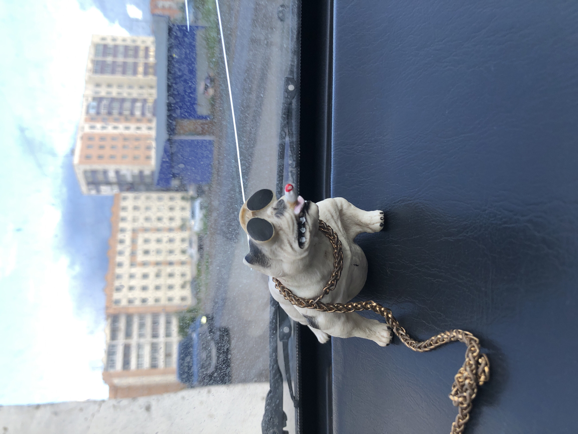 A figurine of a white dog, possibly a bulldog or pug, with black accents on its face and ears, is placed on a dark blue surface, which appears to be the dashboard of a vehicle. The dog is wearing large, dark sunglasses and a thick, gold-colored chain around its neck. Its mouth is open, revealing teeth. The figurine is positioned with its body facing to the right of the frame.
Through the vehicle's windshield, a blurred cityscape is visible. The buildings are multi-story structures with numerous windows, some with a grid-like pattern. The architecture suggests an urban environment. The sky above the buildings appears cloudy. The overall lighting suggests it is daytime, possibly overcast.
The image is taken from inside the vehicle, looking outwards through the windshield. The orientation of the image is such that the dog figurine is upright relative to the viewer, but the cityscape appears rotated. This suggests the photo was taken with the camera or phone held in a portrait orientation and then rotated 90 degrees counter-clockwise for viewing.
The scene is set in Kokshetau, Kazakhstan, as indicated by the location context. The blurred nature of the background, particularly the buildings, implies the vehicle is in motion or the photo was taken with a shallow depth of field. There is no visible text in the image. The figurine's whimsical accessories, the sunglasses and chain, add a playful and perhaps slightly humorous element to the scene.