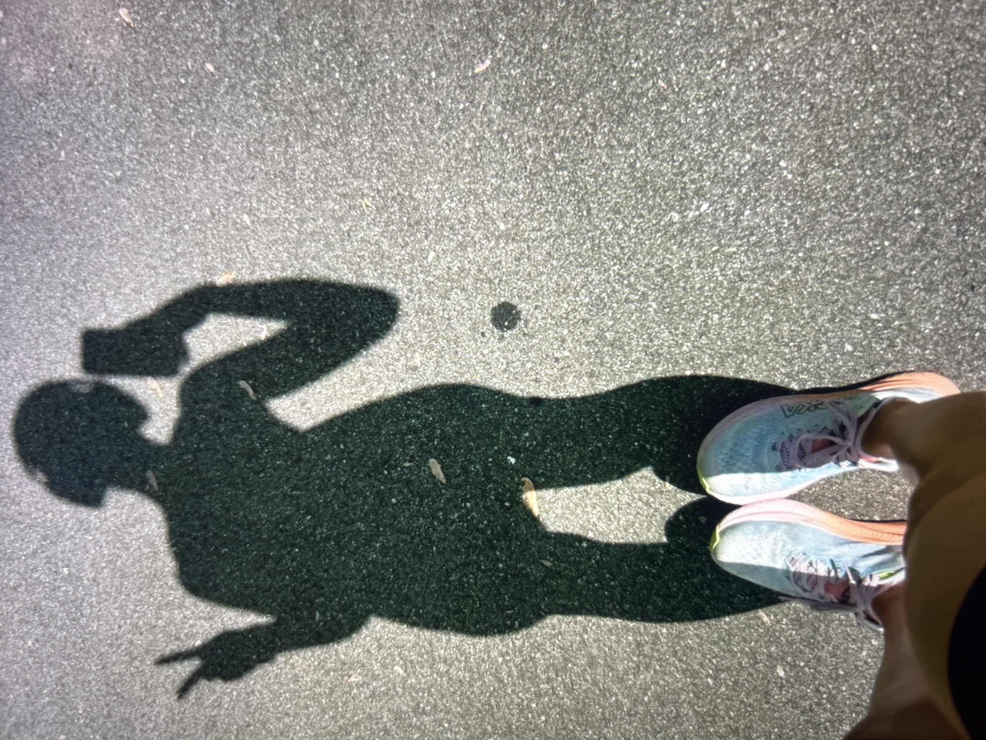 The image displays a shadow of a person against an asphalt surface, likely a running track or path, as indicated by the presence of running shoes in the foreground. The shadow shows a person holding a smartphone in one hand, taking a selfie, and extending the other hand with two fingers up in a peace sign. The person's shadow suggests they are wearing headphones. The lighting implies it's daytime, possibly with the sun casting the shadow. The environment appears to be outdoors. There is no information in the image that would allow for specific localization to Knezha, Bulgaria.