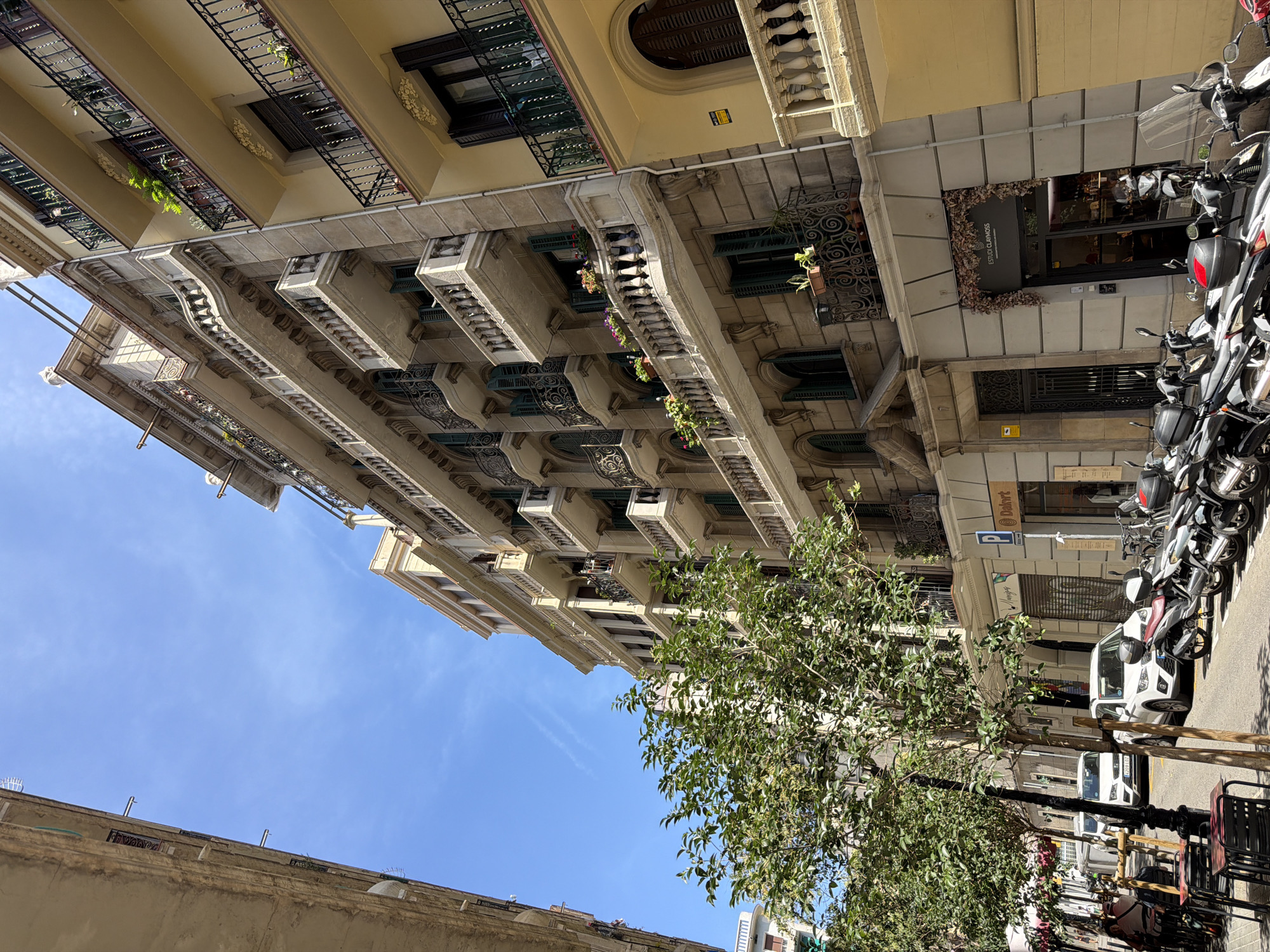 This is an outdoor, eye-level, wide shot of a street in Barcelona, Spain, on a sunny day. The perspective is looking up at the facades of buildings on the right side of the street, with the sky and some trees in the foreground.
The buildings are multi-story structures with classical architectural elements, featuring balconies with wrought-iron railings and ornate detailing. Many of the balconies have potted plants, adding a touch of greenery. The building on the left is a lighter color with more stone-like textures, while the building on the right is painted a pale yellow. Windows on the buildings have dark shutters, some of which are open.
In the foreground, a leafy green tree partially obscures the view of the buildings. On the street, there are several parked motorcycles and scooters, as well as two white cars. A portion of an outdoor seating area with tables and chairs is visible on the left side of the image, suggesting a cafe or restaurant. The street itself is paved. The sky is a clear blue with a few faint wisps of clouds.
On the ground floor of the yellow building on the right, there are shops with storefronts and entrances. One entrance has a sign that reads "ESTUDI CLAYMOSS." There is also a blue parking sign visible. The overall impression is that of a vibrant urban street scene in a European city.