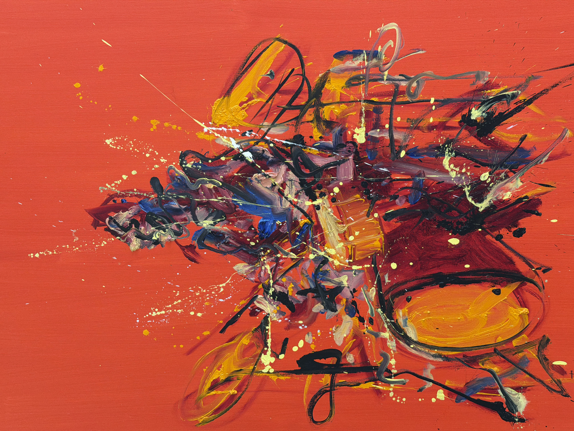 The image is an abstract painting with a vibrant red background. The central composition consists of a chaotic arrangement of paint strokes in various colors, including yellow, black, blue, and shades of red. Splatters of white and yellow paint are scattered across the canvas. The overall impression is energetic and spontaneous, suggesting a non-representational artwork. There is no indication of San Bernardino Tlaxcalancingo, Mexico or any specific people, subjects, objects, actions, interactions, or environment depicted in the image.