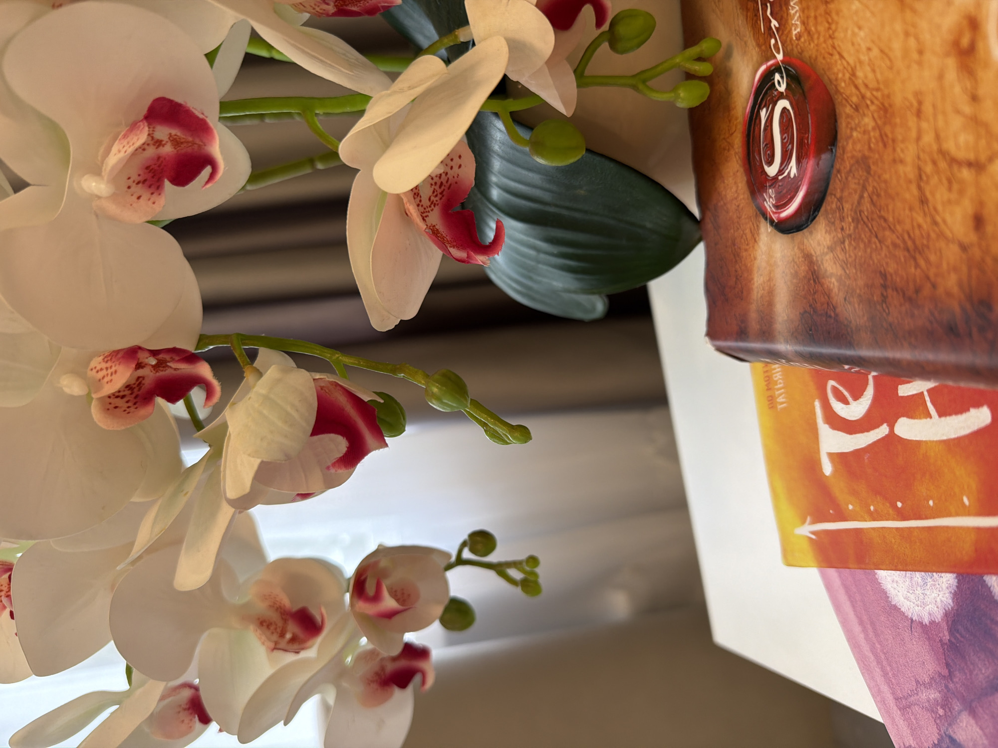 An indoor scene features a bouquet of artificial white orchids with pink accents in bloom, situated behind a stack of books on a white surface. The orchids are delicate and detailed, with visible stamen and petal structures. The books are arranged horizontally, with the top book displaying a title that includes the word "Secret" and a red wax seal impression. The background consists of a draped curtain and a softly lit window, suggesting an interior setting. The scene is static, with no people or discernible actions. The overall impression is one of a still life arrangement with floral and literary elements. No specific location in Kazan, Russia, can be determined from the visual information provided.