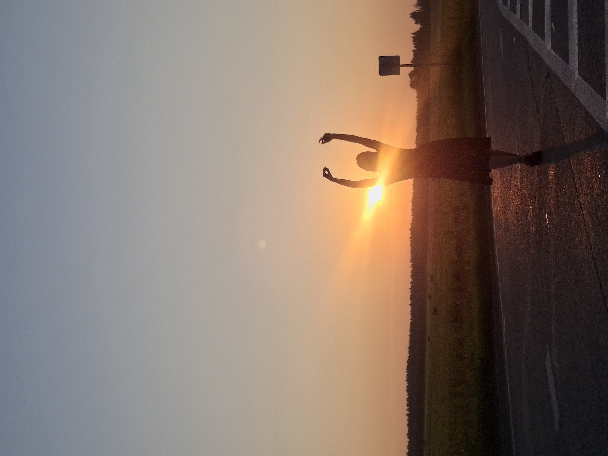 A lone individual, silhouetted against a vibrant sunset, stands on a paved road with their arms raised. The individual wears a dark, patterned dress and appears to be walking away from the viewer. The setting is rural, with a field of hay bales visible in the background, bordered by a line of trees. A solitary signpost stands to the right of the individual. The sky transitions from a pale blue at the top to shades of orange and yellow as it nears the horizon, where the sun is setting. The scene is captured in the twilight of day.