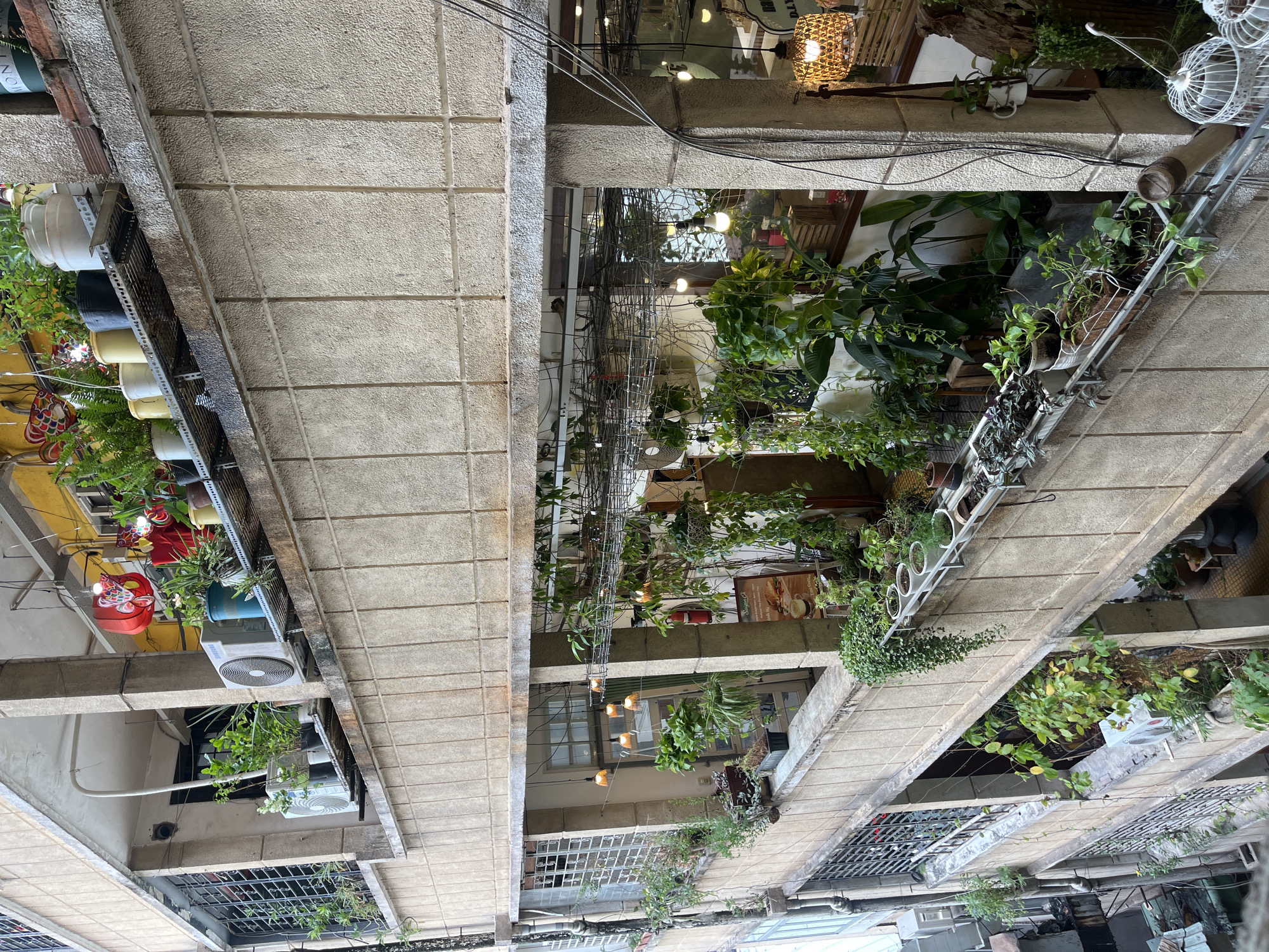 The image depicts a multi-story apartment building with an abundance of plants on balconies and windowsills. The building appears to be made of concrete with a textured finish. Several balconies are visible, adorned with potted plants of various sizes and types, including hanging plants and greenery in containers. Some balconies have metal railings and grills. Air conditioning units are visible on some windowsills. Decorative red lanterns are hanging from one of the upper balconies. Lighting fixtures, including string lights and pendant lamps, are present, particularly on the lower balconies which seem to be part of a commercial space, possibly a cafe or shop, indicated by a sign and display items. Electrical wires are visible running along the exterior of the building. The overall scene suggests an urban environment, likely in a densely populated area like Ho Chi Minh City, Vietnam, where residents often cultivate plants on their living spaces to bring greenery into the city. The architectural style and the use of outdoor space for plants are characteristic of Vietnamese urban living.