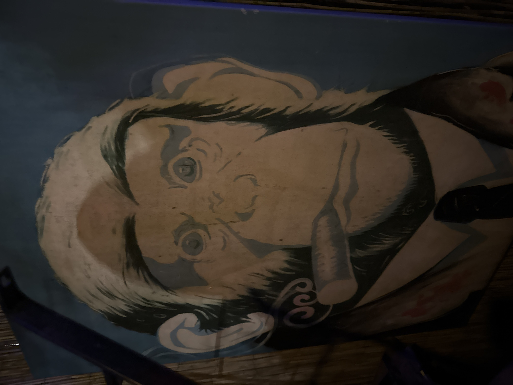 An illustration of a man with gray hair, a cigar, and a suit, rendered in a cartoon style with blue outlines, is the subject of the image. The illustration appears to be on a horizontal surface, likely a poster or other print material. The photograph was presumably taken indoors. There is no specific information available to ascertain the location in the city of Varna, Bulgaria.