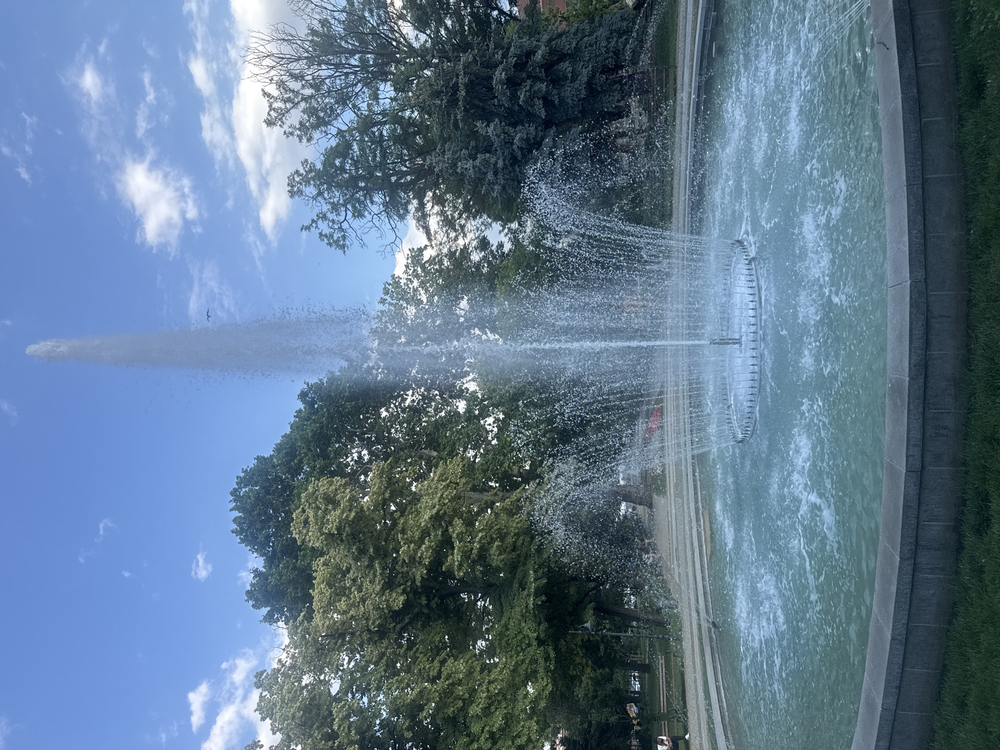 The image captures a fountain in Plovdiv, Bulgaria, on a bright, cloudy day. The fountain is active, with water spraying upwards and outwards, creating a dynamic visual effect. The water in the fountain basin is a greenish-blue hue, indicating it might be treated or reflecting the surrounding foliage.
The scene is set within a park or garden, with lush green trees framing the fountain and the sky. The trees appear full and healthy, suggesting it's springtime or summer. Above, a vibrant blue sky is dotted with fluffy white clouds, hinting at pleasant weather conditions. The strong upward spray of water from the fountain creates a mist that catches the light, adding a sense of movement and energy to the image.
In the distance, beyond the trees, there are hints of buildings, possibly part of the urban landscape of Plovdiv. A thin, dark line appears to be a bird in flight in the upper left quadrant of the image, adding a small detail to the sky. The overall impression is one of a peaceful, recreational outdoor space where people might gather to enjoy the fountain and the natural surroundings. There is no visible text in the image.