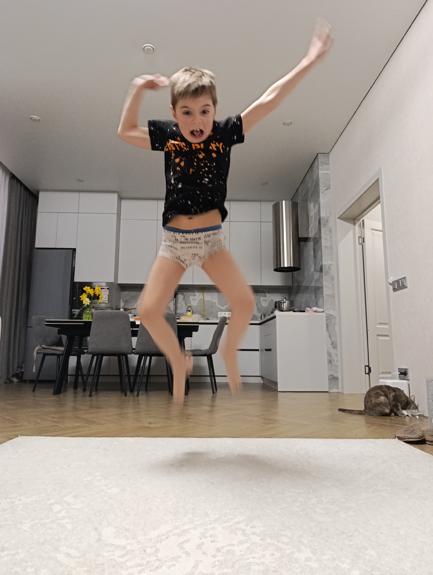 A boy is jumping in the air indoors. He is wearing a black T-shirt with an orange design and white patterned briefs. His mouth is open and his arms are raised. The setting is a modern interior with a white rug, light wooden flooring, and a minimalist kitchen in the background. The kitchen features white cabinets, a stainless-steel range hood, a dining table with gray chairs, and a gray refrigerator. To the right of the kitchen area, there is a doorway and a beige wall. A brown tabby cat is on the floor. The city and country are not discernible from the image.