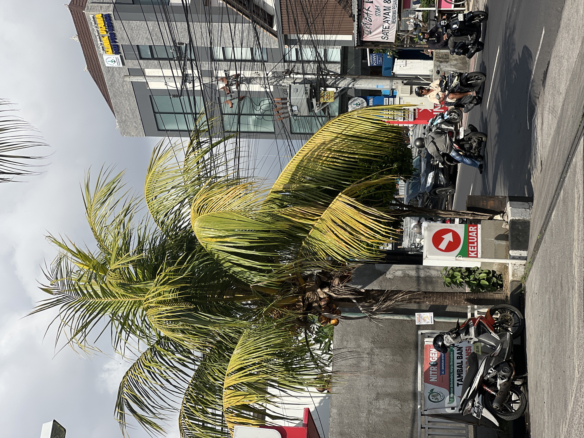 This is a street-level, eye-level photograph taken in Denpasar, Indonesia. In the foreground, a coconut palm tree with yellowing fronds dominates the left side of the frame. To the left of the palm tree, a motorcycle is parked on a grey concrete surface. Behind the motorcycle, a white and red sign with "NITROGEN" and "TAMBAL BAN" (tire repair) is visible. A red and white directional sign with an arrow indicating exit is on the right side of the image, near the palm tree.
In the mid-ground, a grey, modern building with glass windows and a tiled roof is situated. A sign on the building reads "KLINIK UTAMA" (main clinic) and "SAI PURI MEDIKA". Several electrical wires are strung across the front of the building. Several people on motorcycles are present on the asphalt road. One person in a grey jacket and blue jeans is riding a motorcycle, another person in a light-colored shirt is on a dark motorcycle, and a third person in a black jacket is on a black motorcycle. A black SUV is also visible on the road.
The sky is overcast. The overall scene depicts a typical street view in a bustling city, with elements of commerce, transportation, and urban infrastructure.