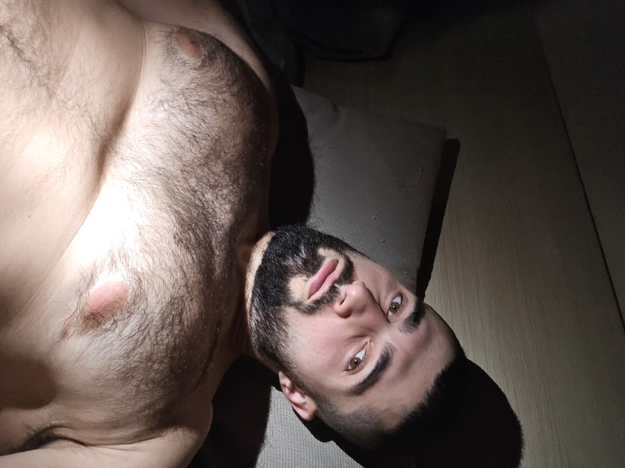 A shirtless man with a beard is lying on a gray pillow. He has brown eyes and dark hair. The background is a dark room. The location cannot be determined based on the image.
