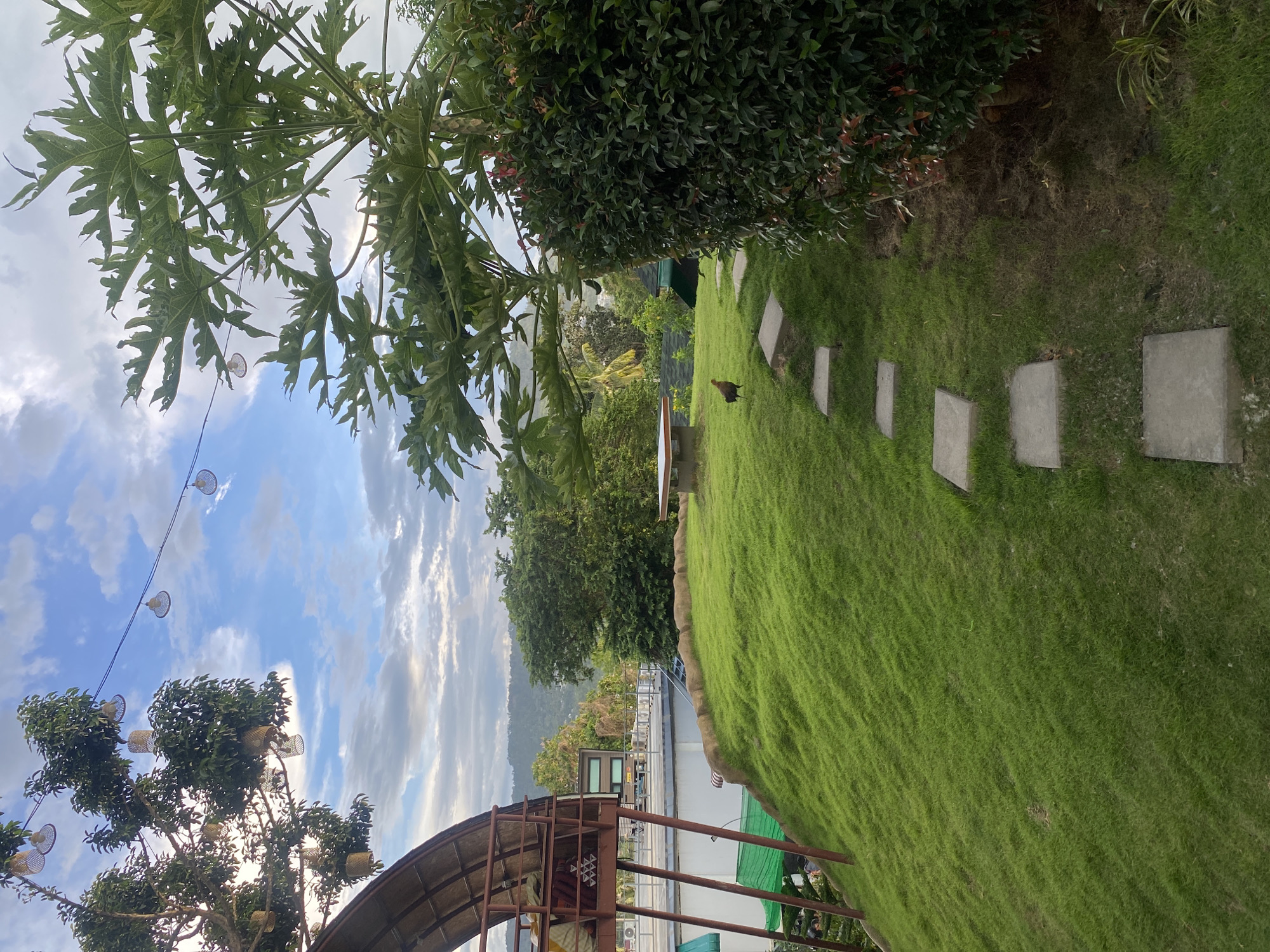 The image depicts a vibrant outdoor scene in บ้านบางรักษ์, Thailand. A lush green lawn slopes gently uphill, with square stepping stones leading towards dense vegetation. A brown chicken stands on the lawn. To the left, a canopy structure is visible, made of metal and covered with a dark roof. Above the canopy, trees with hanging woven lanterns are silhouetted against a partly cloudy blue sky. The background shows glimpses of mountains. The overall scene conveys a sense of natural beauty and tranquility.