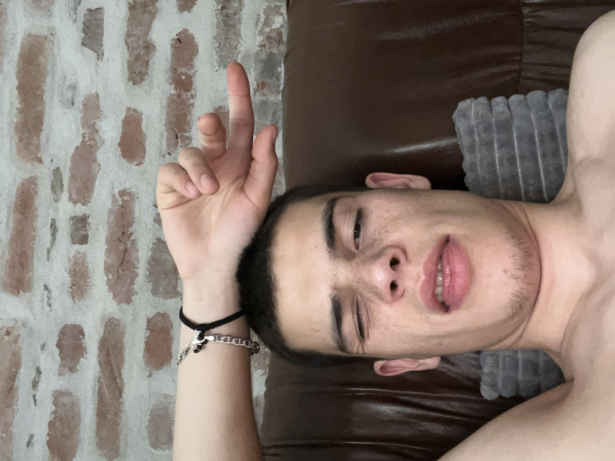 A young man is lying on a brown leather couch. He's positioned with his head on a gray striped pillow. His right arm is raised, with his middle finger extended. Two bracelets adorn his right wrist, one black and one silver. Behind him is a brick wall, possibly a feature of the room's interior. This scene cannot be accurately described as taking place in Plovdiv, Bulgaria.