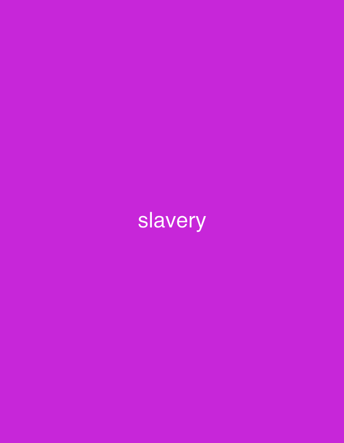 The image displays a uniform, solid magenta color field. Centrally positioned horizontally and slightly below the vertical midpoint, the word "slavery" is rendered in a white, lowercase, sans-serif typeface. There are no discernible people, subjects, objects, actions, interactions, or environmental features depicted within the image beyond the color and text. Consequently, the scene cannot be described as taking place in the city of New Stadium, Nigeria, or any other specific geographical location, as it lacks any visual information to associate it with a physical environment.