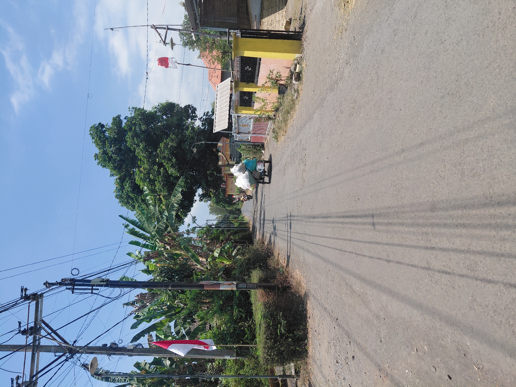 In the city of Pandean, Indonesia, this image captures a sun-drenched, asphalt road lined with lush greenery and towering trees. The sky above is a clear, vibrant blue, with a few wispy clouds scattered across it. On the left side of the road, a pole with a tangle of electrical wires stands tall, adorned with a red and white Indonesian flag fluttering in the gentle breeze. Further down the road, a cart laden with large, white sacks is being pulled by a person on a motorcycle, casting long shadows on the asphalt. To the right, a colorful fence, painted in shades of yellow and pink, separates the road from a residential area with a red-tiled roof. The overall scene is one of a peaceful, rural Indonesian village on a bright, clear day.
