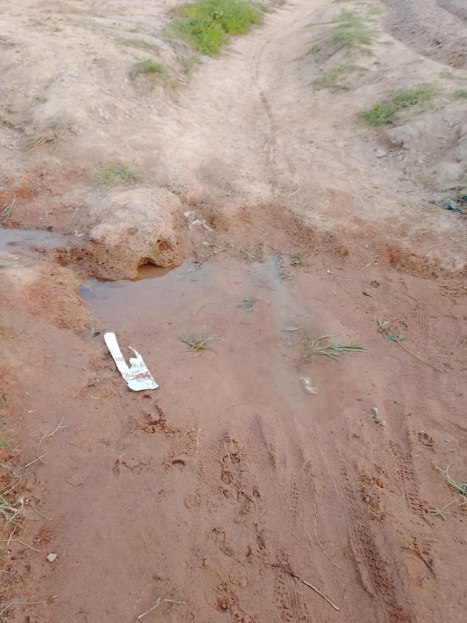 The image depicts an outdoor scene with a dirt path that has a shallow puddle of water. There is sparse green vegetation growing along the sides of the path. A torn piece of white material, possibly plastic, lies in the mud near the puddle. Tire tracks are visible in the dirt, suggesting vehicular activity. The ground is predominantly brown and sandy soil. The setting appears to be a rural or undeveloped area, consistent with parts of Gbaza, Nigeria. There are no people or animals clearly visible in the image.