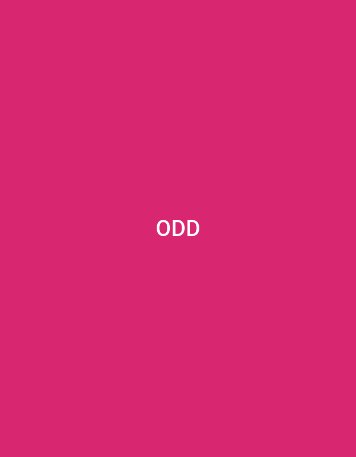 The image displays a solid, uniform magenta background (RGB: 226, 23, 107). Centered horizontally and vertically on this background is the word "ODD" rendered in white, uppercase, sans-serif typography. There are no other discernible subjects, objects, people, actions, or environmental details present within the image. The image contains no visual information, such as landmarks, architectural features, or specific cultural elements, to indicate a location in the city of Casablanca, Morocco, or any other geographical location.