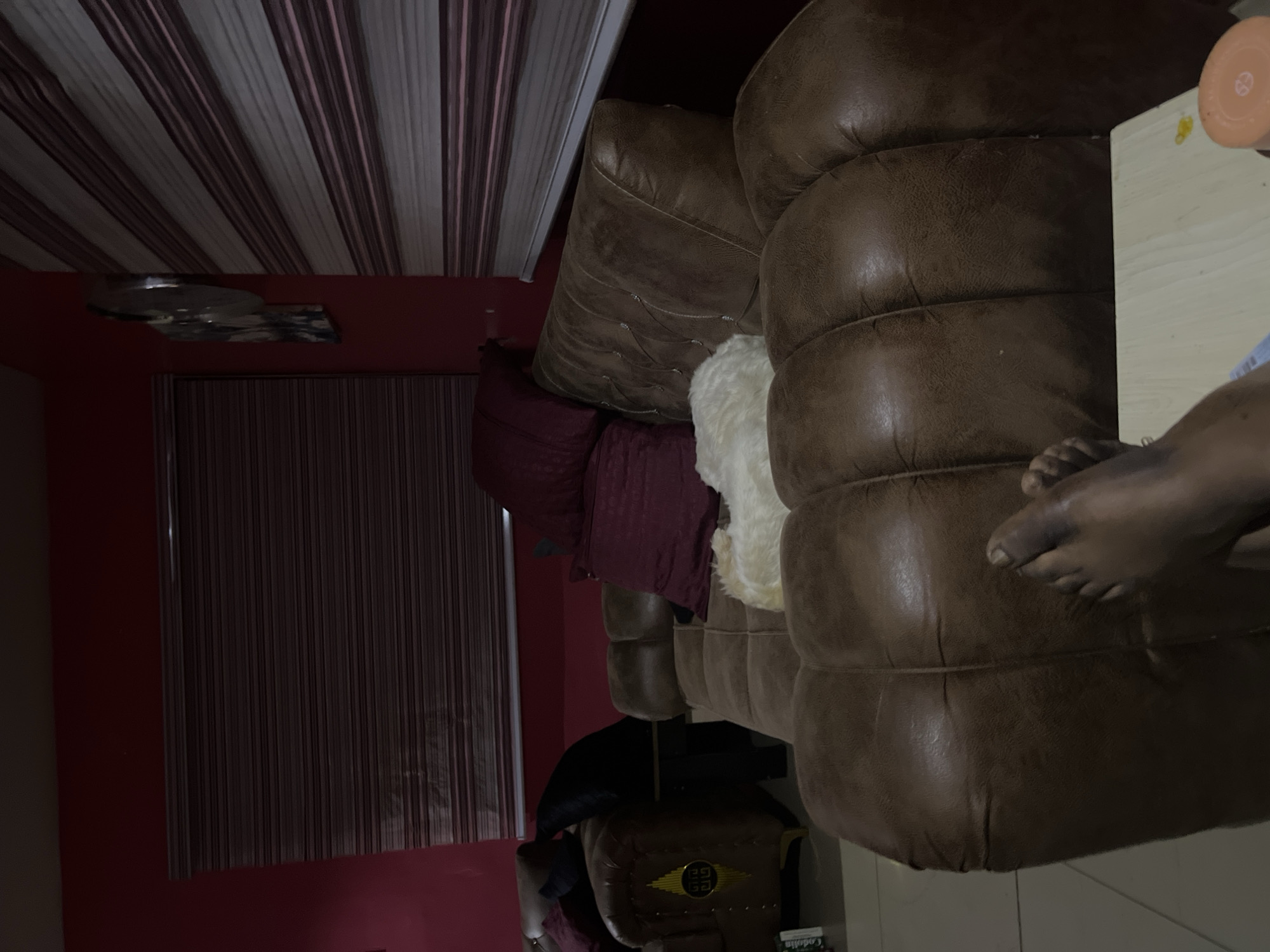 The image depicts an indoor scene, possibly a living room, with a focus on a brown leather sectional sofa. A small, fluffy white dog is resting on the sofa. In the foreground, a person's feet are visible, suggesting they are also seated on the sofa. The room has a dark red wall and horizontal blinds on the windows. A framed circular object, possibly a clock or decorative plate, is mounted on the wall. The overall lighting is dim, creating a cozy ambiance. The scene is likely located in a residential area in Jos, Nigeria.
