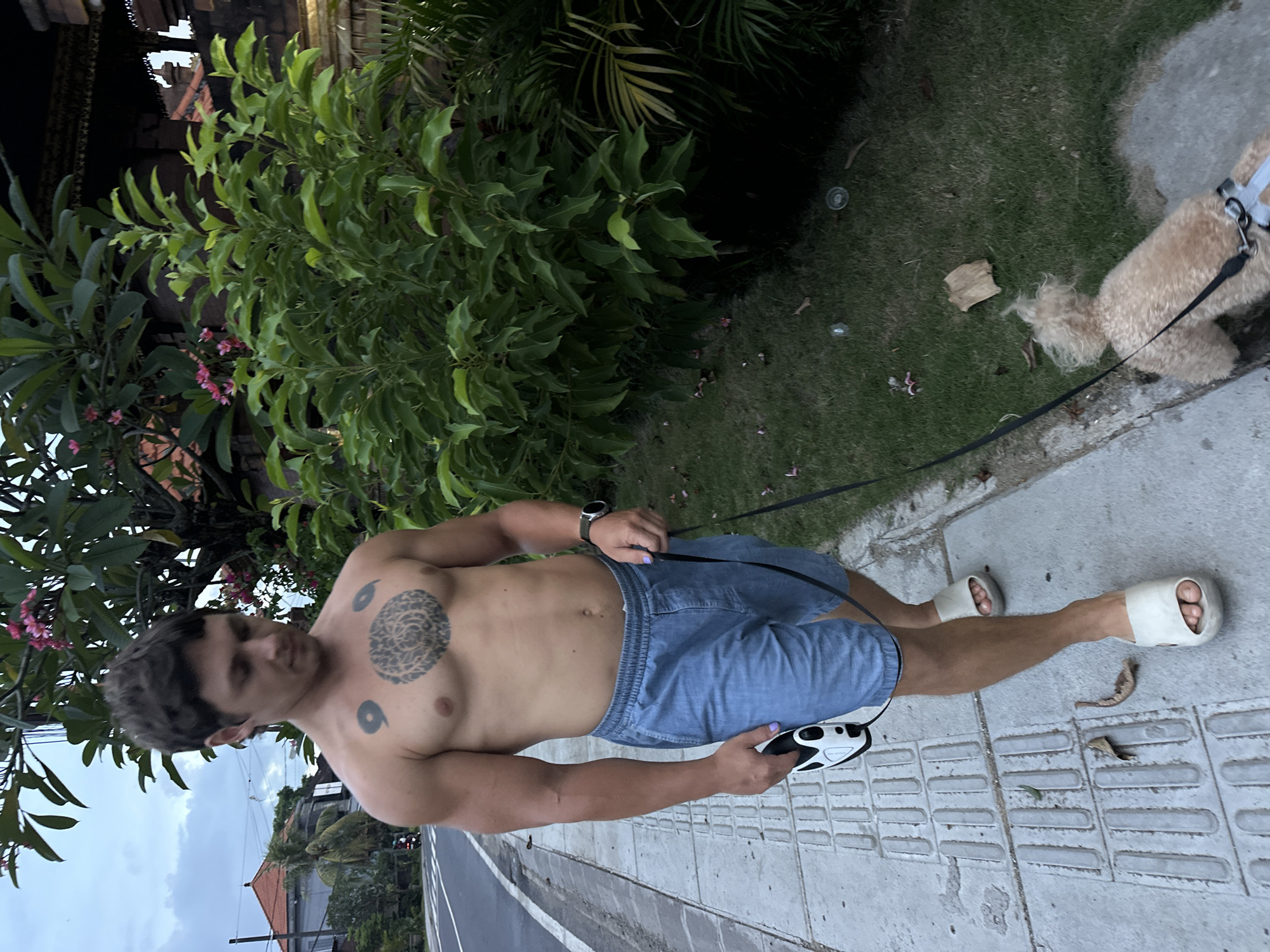 A shirtless male with tattoos on his chest and shoulder stands on a sidewalk in North Kuta, Indonesia. He wears blue denim shorts and white slides, holding a retractable dog leash connected to a tan-colored dog partially visible on the right side of the frame. The sidewalk runs parallel to a street. A lush green bush and a building with traditional Balinese architecture are in the background. The weather appears overcast.