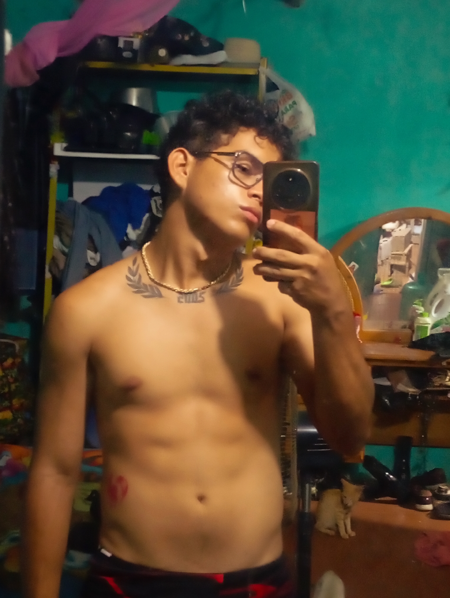 A shirtless young adult male with glasses is taking a selfie in a cluttered room. He is wearing a gold chain with a pendant and has a tattoo on his neck and another on his side. Behind him, there is a shelf with various objects and a dresser with a mirror. A small cat is sitting on the dresser. The wall is painted green. There is nothing in the image to suggest its location within Altagracia, Venezuela.