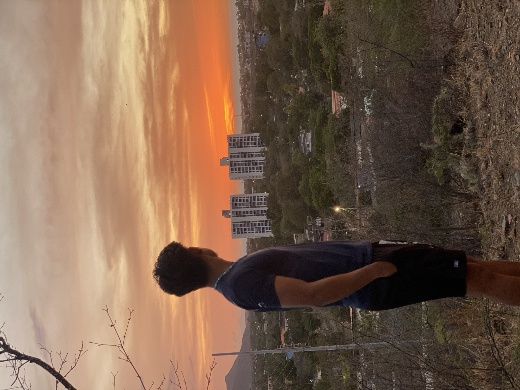 A young man stands silhouetted against a vibrant orange and yellow sunset in Juan Griego, Venezuela. The man is wearing a dark blue shirt and black shorts. In the background, tall white buildings are visible, nestled within a cityscape of green trees and smaller structures. A mountain is visible in the distance to the lower center. The foreground consists of rough, dry terrain with sparse vegetation and a few bare branches of a tree.