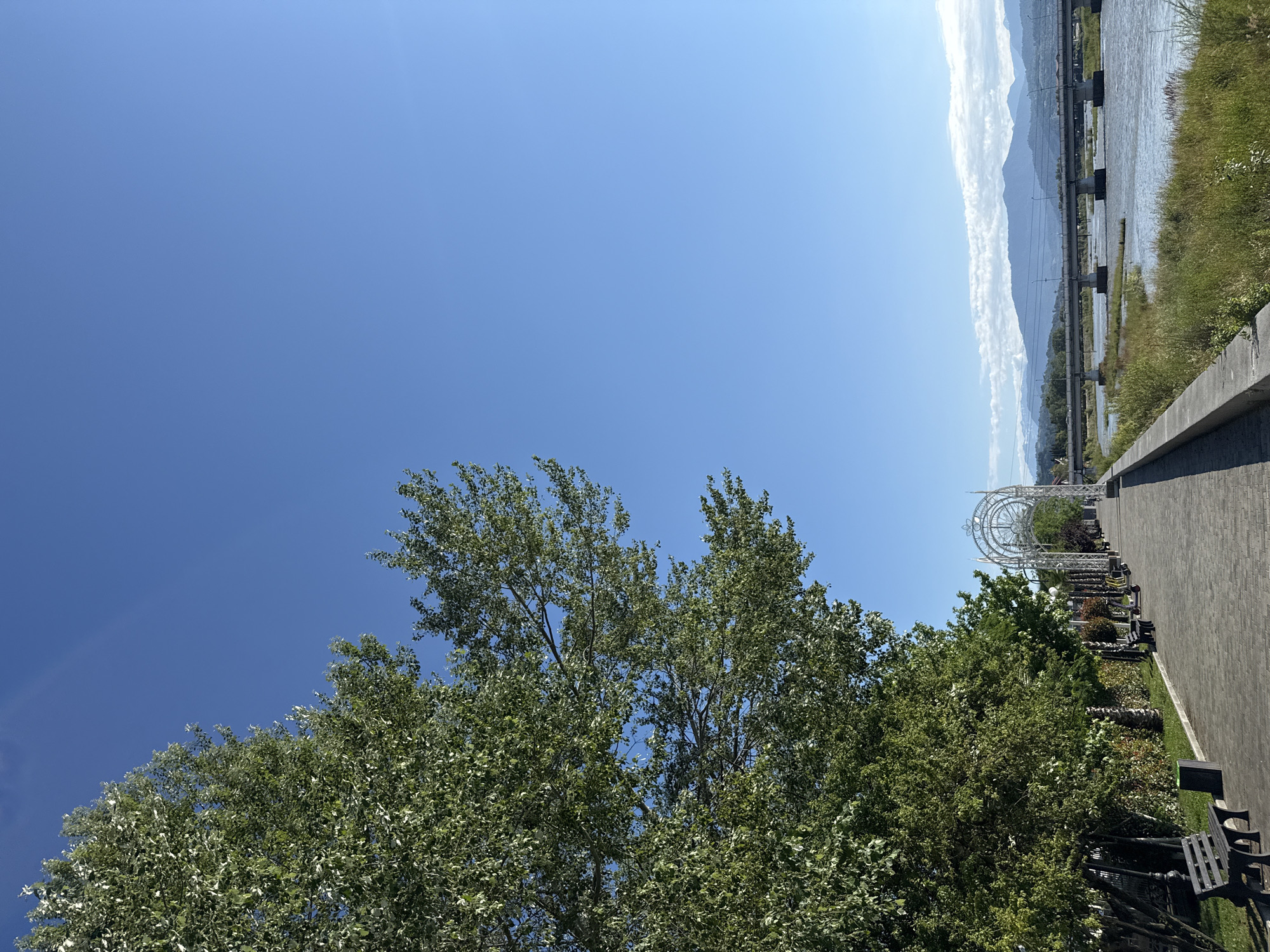 This is a daytime, eye-level, full-shot photograph of a riverside promenade in Sochi, Russia, on a clear day. A large tree with green foliage dominates the left side of the frame, casting a shadow on a paved walkway. The walkway, made of grey cobblestones, stretches into the distance, lined with benches and decorative lamps. Further down the promenade, a white ornate archway stands. Several electric scooters are parked along the path. To the right of the walkway, a river flows, with green vegetation along its banks. In the background, a bridge spans the river, and beyond that, mountains rise under a clear blue sky. The overall scene depicts a tranquil public space by the river.