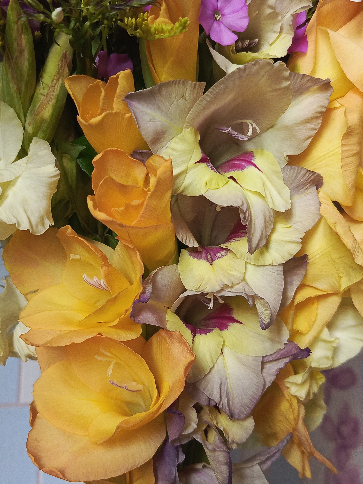 A close-up, overhead shot showcases a bouquet of gladiolus flowers in various shades of yellow, orange, and muted lavender with hints of magenta. The blooms are tightly packed, with some unfurling and others still in bud. The petals are delicate and textured, with subtle veins visible. The backdrop is a soft blue, slightly out of focus, suggesting a domestic setting. There are no people or animals present in the image.