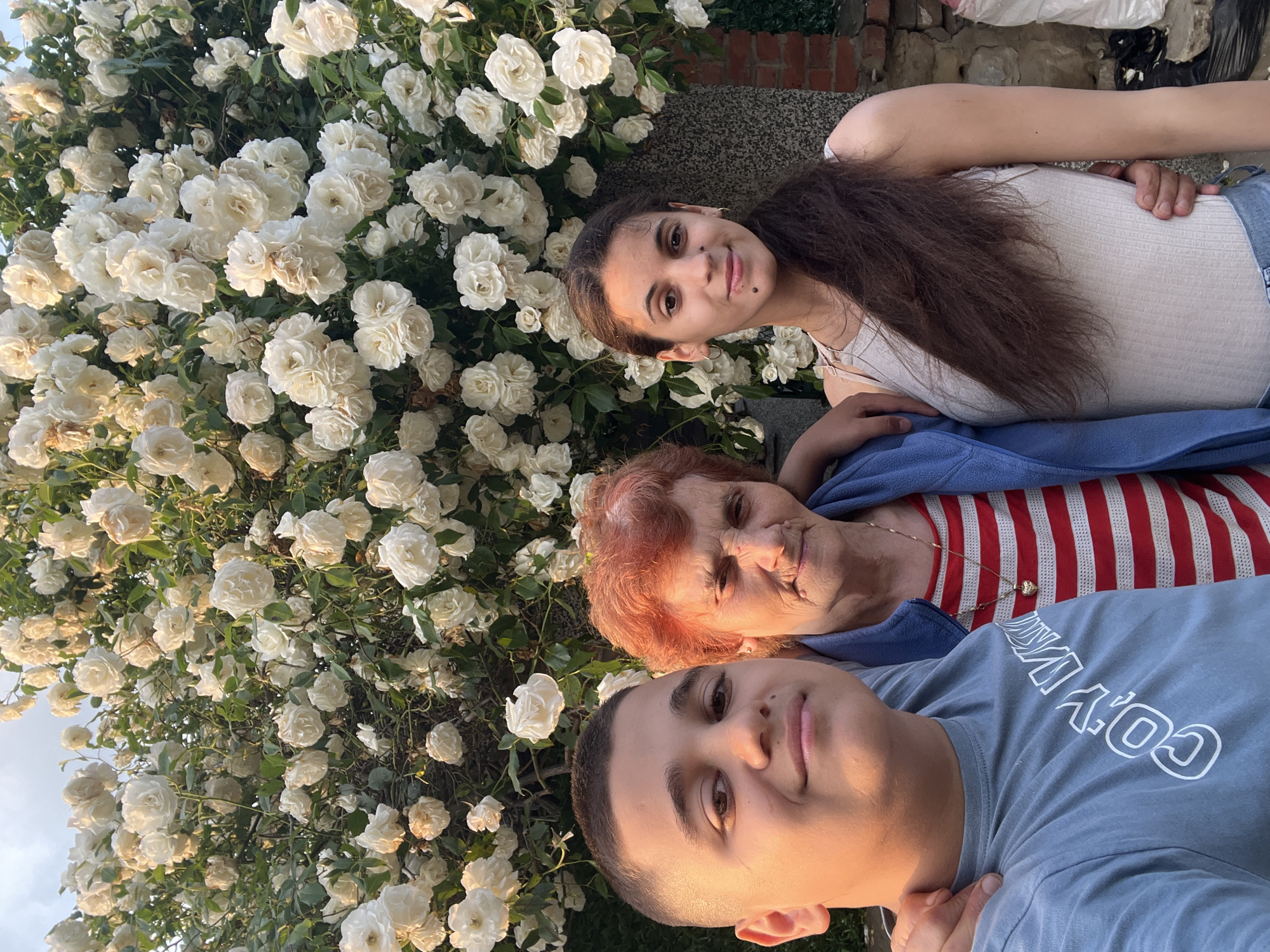 Three individuals, a young man, an older woman, and a young woman, are captured in an outdoor setting, posing in front of a dense bush of white roses. The image appears to be taken from a slightly low angle, looking upwards at the subjects and the sky.
In the foreground, a young man with short dark hair and light skin wears a blue t-shirt with reversed white text that partially reads "COY BOY". He looks directly at the camera with a neutral expression. Behind him and slightly to his left is an older woman with reddish-orange hair and fair skin. She wears a red and white striped top under a blue jacket or cardigan and a simple gold necklace, also looking at the camera with a gentle smile. To her right and slightly behind her, a young woman with long, dark hair and light skin wears a white tank top. She smiles subtly while looking towards the camera.
The dominant background feature is a large, vibrant bush covered in numerous white roses, many of which are in full bloom, interspersed with green foliage. Hints of a brick wall and a concrete or stone surface are visible in the background, suggesting a garden or residential outdoor space. The lighting is warm and soft, indicative of late afternoon or early evening, often referred to as golden hour, casting pleasant highlights on the subjects' faces. A small portion of the sky is visible in the upper left corner. The overall scene conveys a peaceful and familial moment, likely taking place in Lozarevo, Bulgaria.