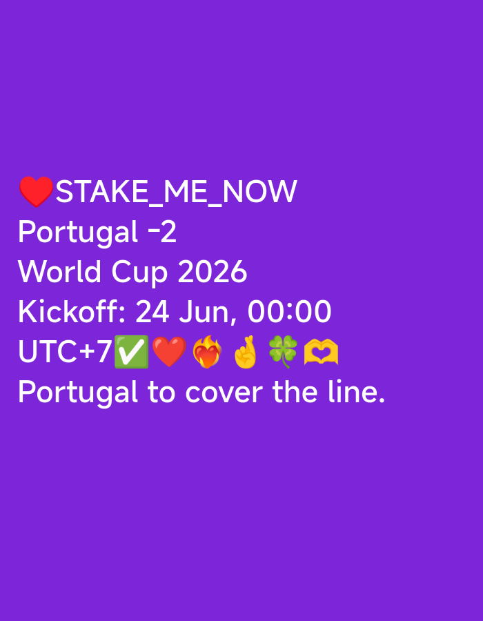 This is a digital image with a purple background. White text overlayed on the image reads: "STAKE_ME_NOW Portugal -2 World Cup 2026 Kickoff: 24 Jun, 00:00 UTC+7". Below this, the text "Portugal to cover the line." is visible. There are several emojis interspersed with the text, including a red heart, a checkmark, a heart on fire, a hand with crossed fingers, a four-leaf clover, and a heart shape formed by hands. The overall tone is indicative of a sports betting tip or prediction, likely related to a soccer match involving Portugal in the 2026 World Cup. The time of kickoff is specified as June 24th at midnight UTC+7.