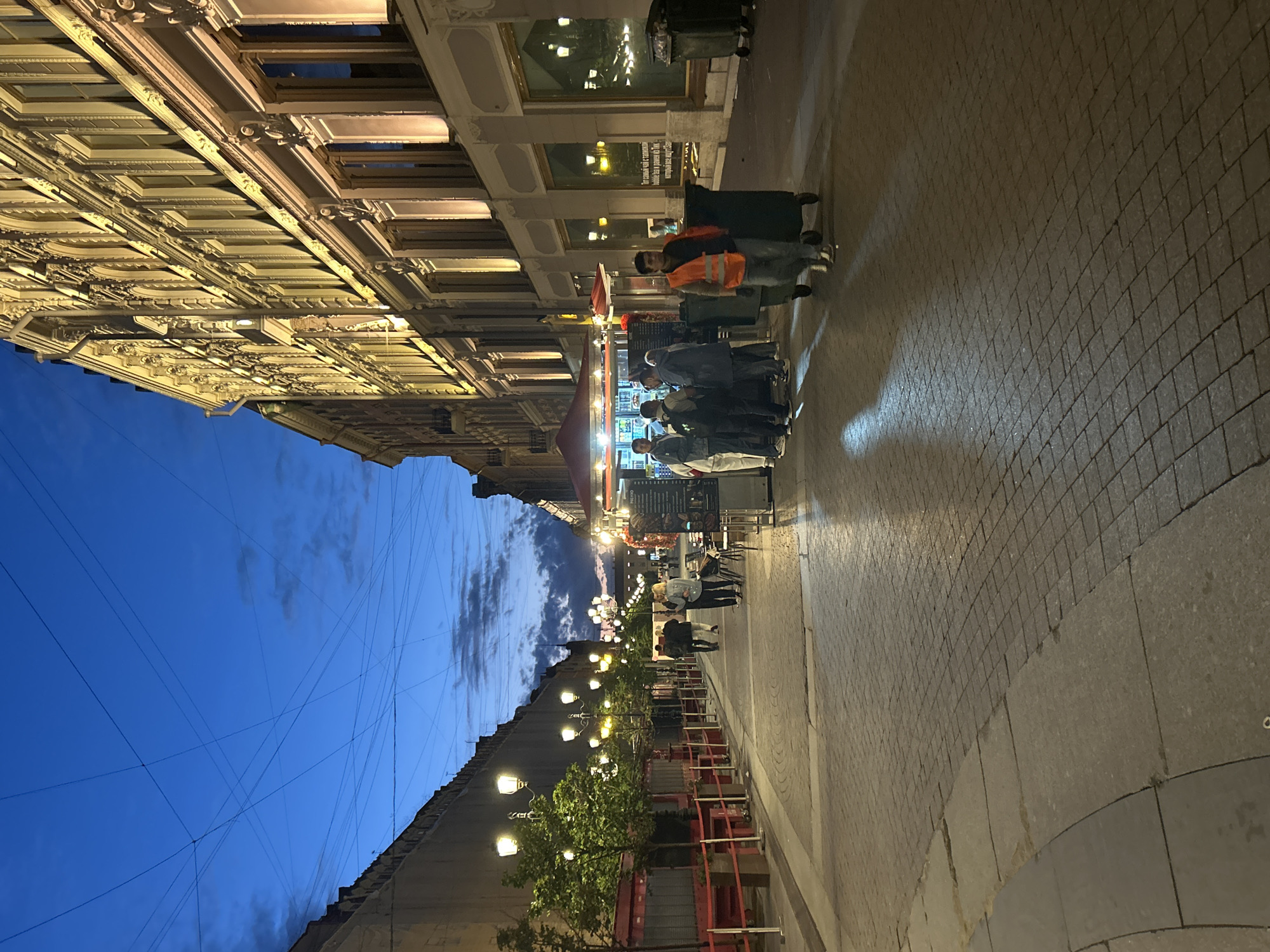 The image depicts a street scene at dusk in an urban environment. The sky is a deep blue with scattered clouds, and overhead, a complex network of wires crisscrosses the sky. A large, ornate building with many windows, illuminated from within or by external lighting, dominates the right side of the frame. The street itself is paved with cobblestones, and on the left, there are trees with illuminated streetlights lining the sidewalk. Several people are visible, some walking, others gathered around a food stall with a red canopy. One person in the foreground is wearing an orange safety vest and appears to be pushing a large green trash bin on wheels. Trash bins are also visible against the building on the right. The overall atmosphere is that of a lively street at the end of the day, with businesses open and people moving about.