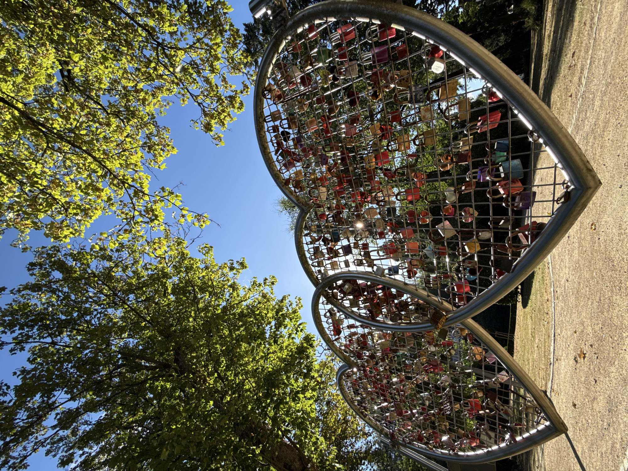 The image shows a large, metal sculpture shaped like two intertwined hearts, which is covered in numerous padlocks of various colors and sizes. The sculpture is situated outdoors, with green trees and a clear blue sky visible in the background. The ground around the sculpture appears to be a mixture of gravel and grass. Sunlight filters through the leaves of the trees, casting dappled shadows. This sculpture is located in the spa town of Bad Sachsa, Germany, specifically in the town park, and is a popular spot for couples to leave their mark.