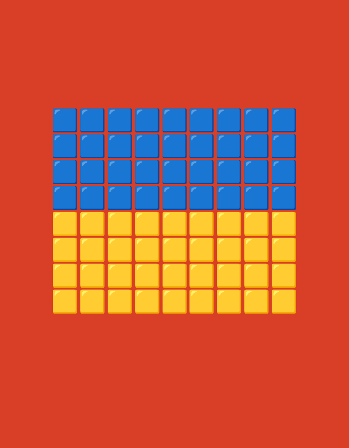 The image displays a pattern of blue and yellow squares arranged in a grid formation against a red background. The blue squares are positioned in the top half of the grid, occupying the first four rows, while the yellow squares occupy the bottom half, filling the last three rows. Each square has a slightly rounded corner and a subtle highlight on its top edge, suggesting a glossy or metallic texture. The arrangement of the squares forms a stylized representation of the Ukrainian flag. The image is a digital graphic and does not depict any specific location in a city, nor does it contain any people, actions, or interactions.