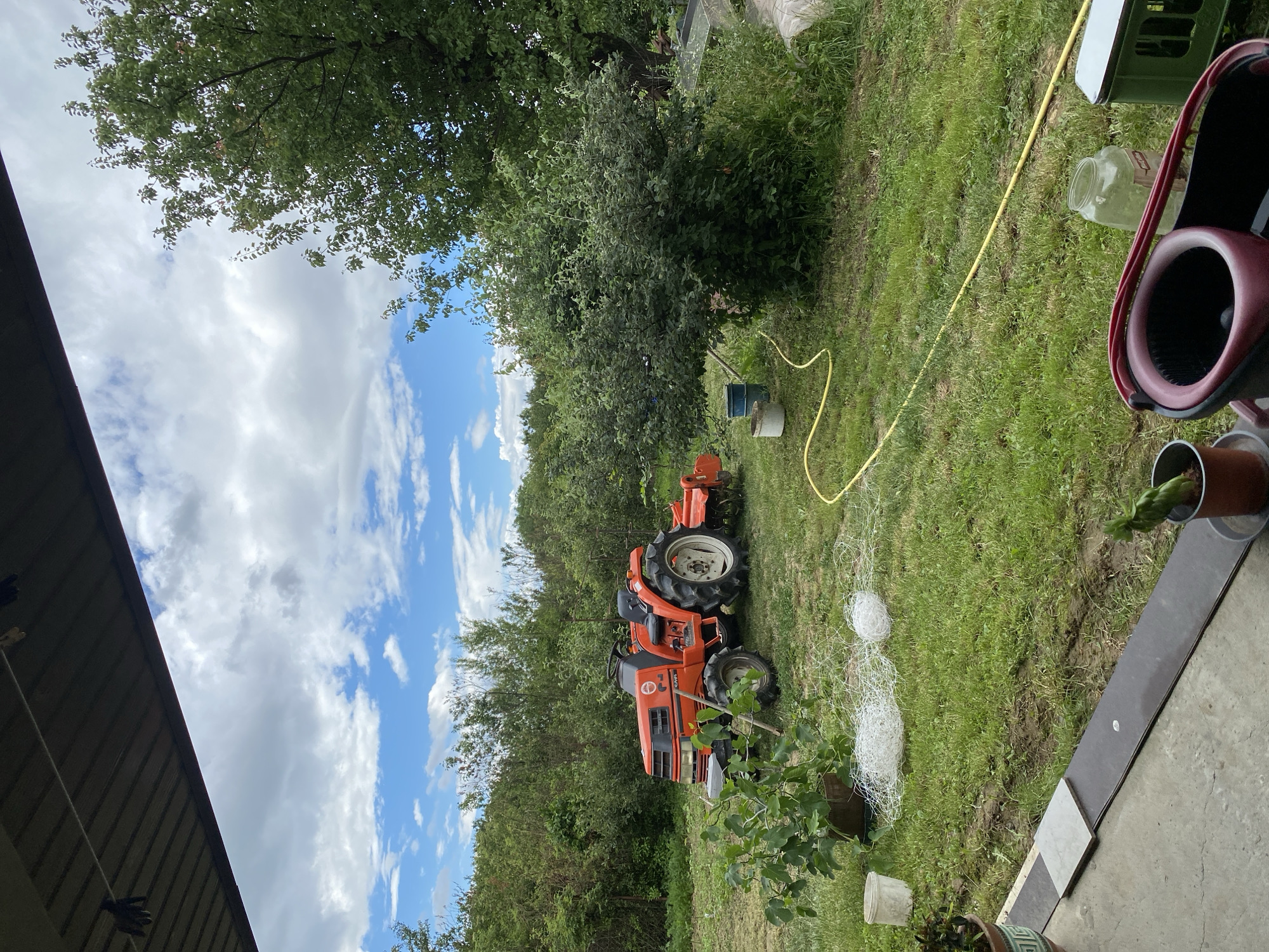 An outdoor scene depicts a red tractor with a rotary tiller attachment parked on a grassy area. Behind the tractor, a dense line of green trees and foliage forms a natural backdrop. In the foreground, a section of a concrete patio is visible, with a few potted plants, including one with dark green leaves and another with a single green sprout, placed on the edge. Two balls of white netting and a white bucket are also present on the grass. A yellow hose snakes across the lawn, leading towards a blue bucket. The sky above is a mix of blue patches and fluffy white clouds.