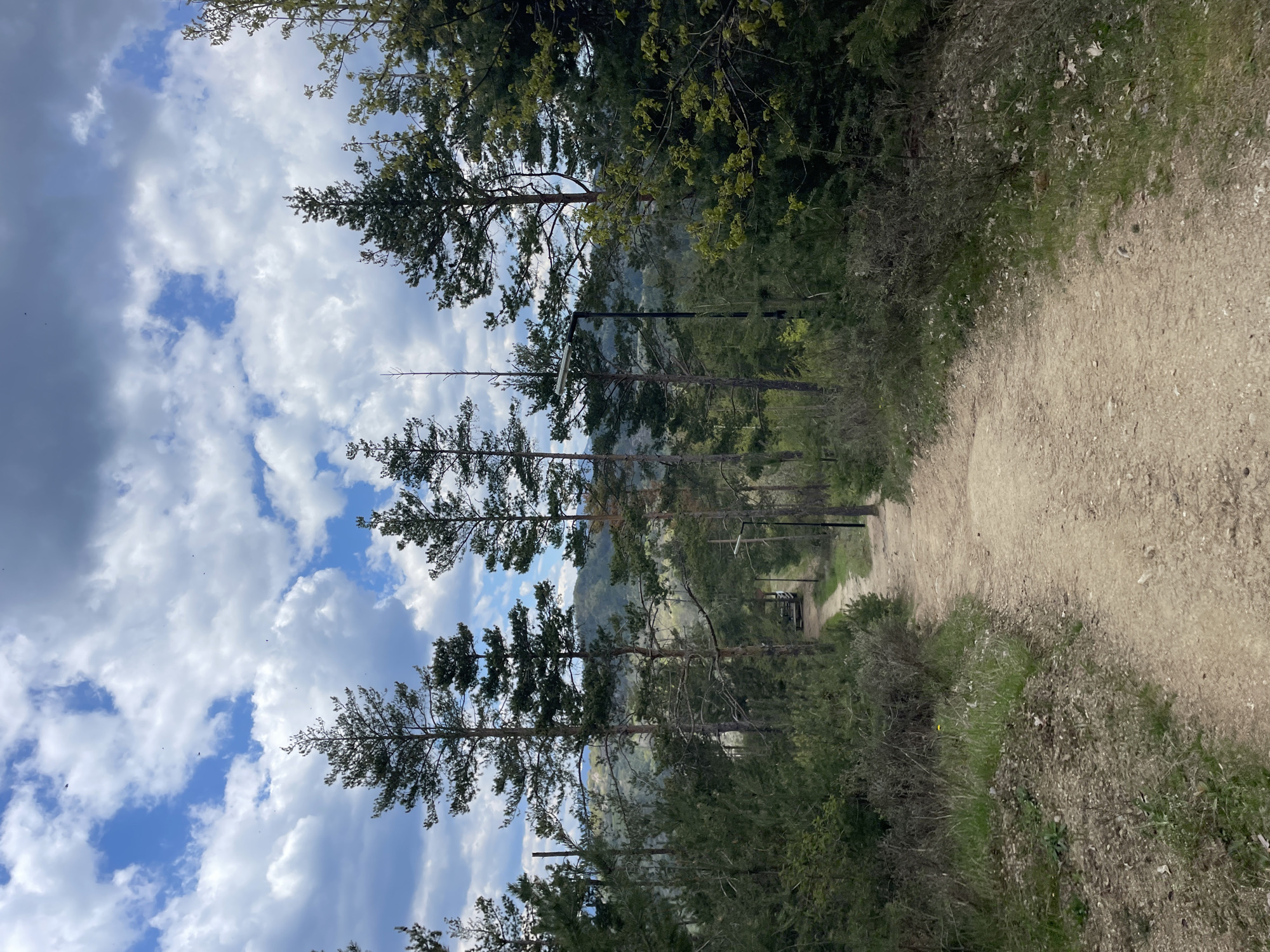 The image depicts a dirt trail winding through a forest or wooded area. The trail stretches into the distance, flanked by trees and shrubs on both sides. The sky is visible through the trees, with a mix of blue sky and white, puffy clouds. There are trees of varying heights visible from the photo, with most of them being pine. There appears to be mountains or higher elevations behind the trees in the distance. There is a lighting fixture held up by a black post along the trail. The location of Gradat, Bulgaria cannot be determined from the given image. There are no people visible in the image.