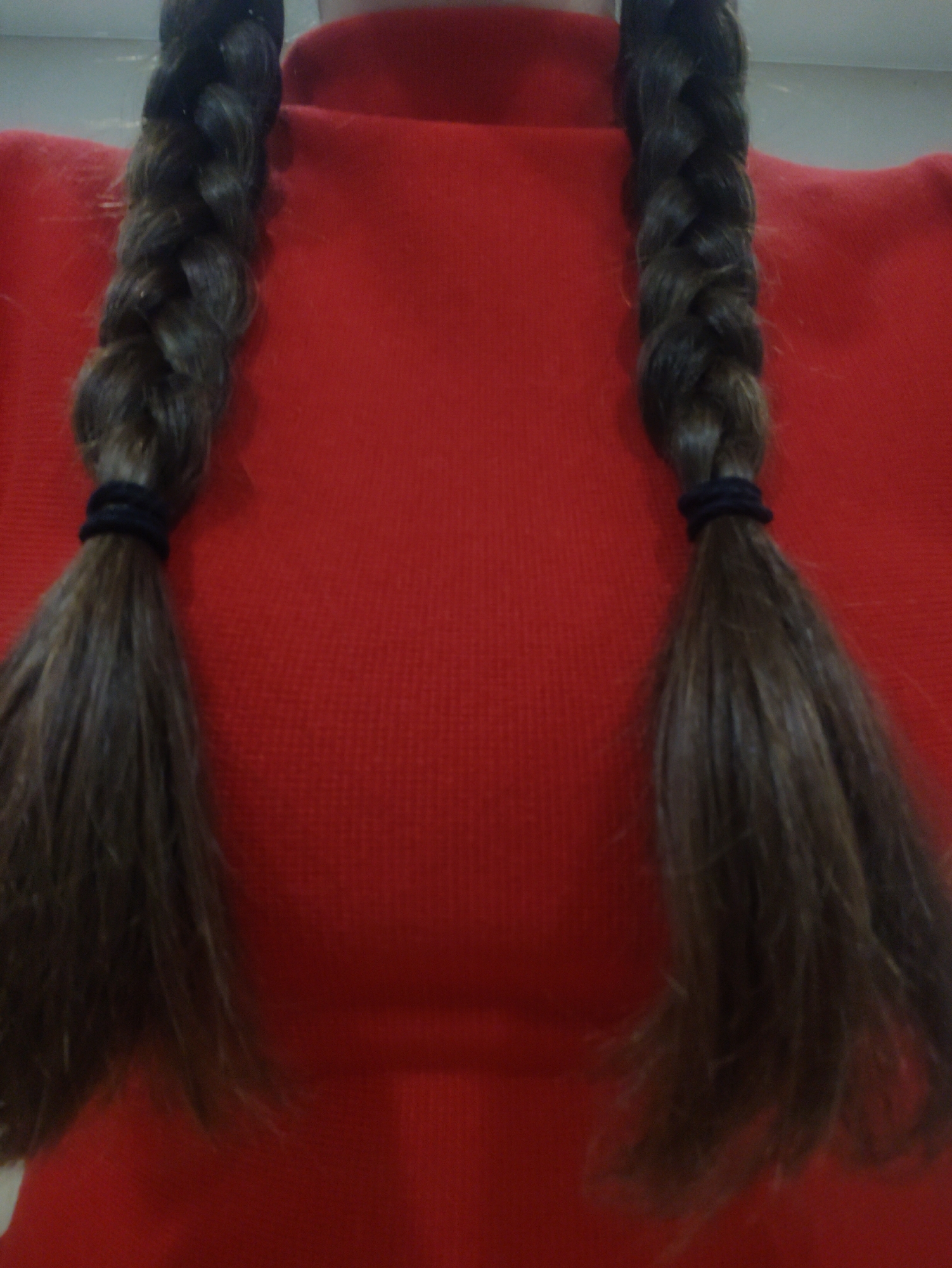 A person wearing a red turtleneck sweater has two brown braids, each secured with a black elastic band at the bottom. The braids hang down in front of the sweater. The setting or location is unspecified.