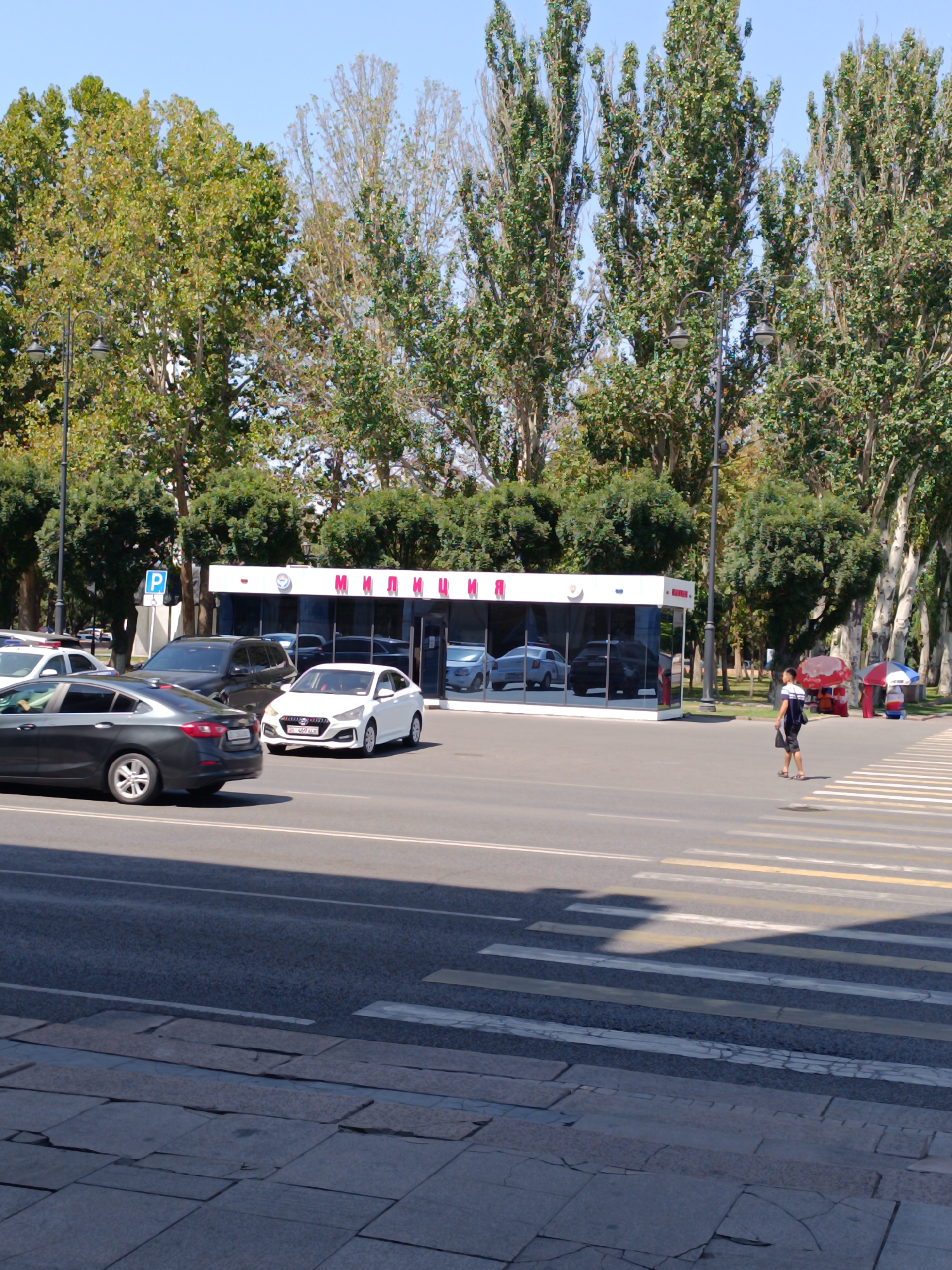 The image shows a street scene in Bishkek City, Kyrgyzstan, on a clear day. A white modern building with a glass facade, displaying the word "МЛИЦИИ" (Miliitsiya, meaning police in Russian) in red lettering, is visible. Several cars are parked or driving on the asphalt road, including a white sedan, a dark-colored SUV, and a dark-colored sedan. A pedestrian is crossing a crosswalk in the foreground. Behind the building, trees line the street, and the sky is a clear blue. To the right of the building, two colorful umbrellas are set up, and a street vendor is present. A blue parking sign is also visible on a pole.